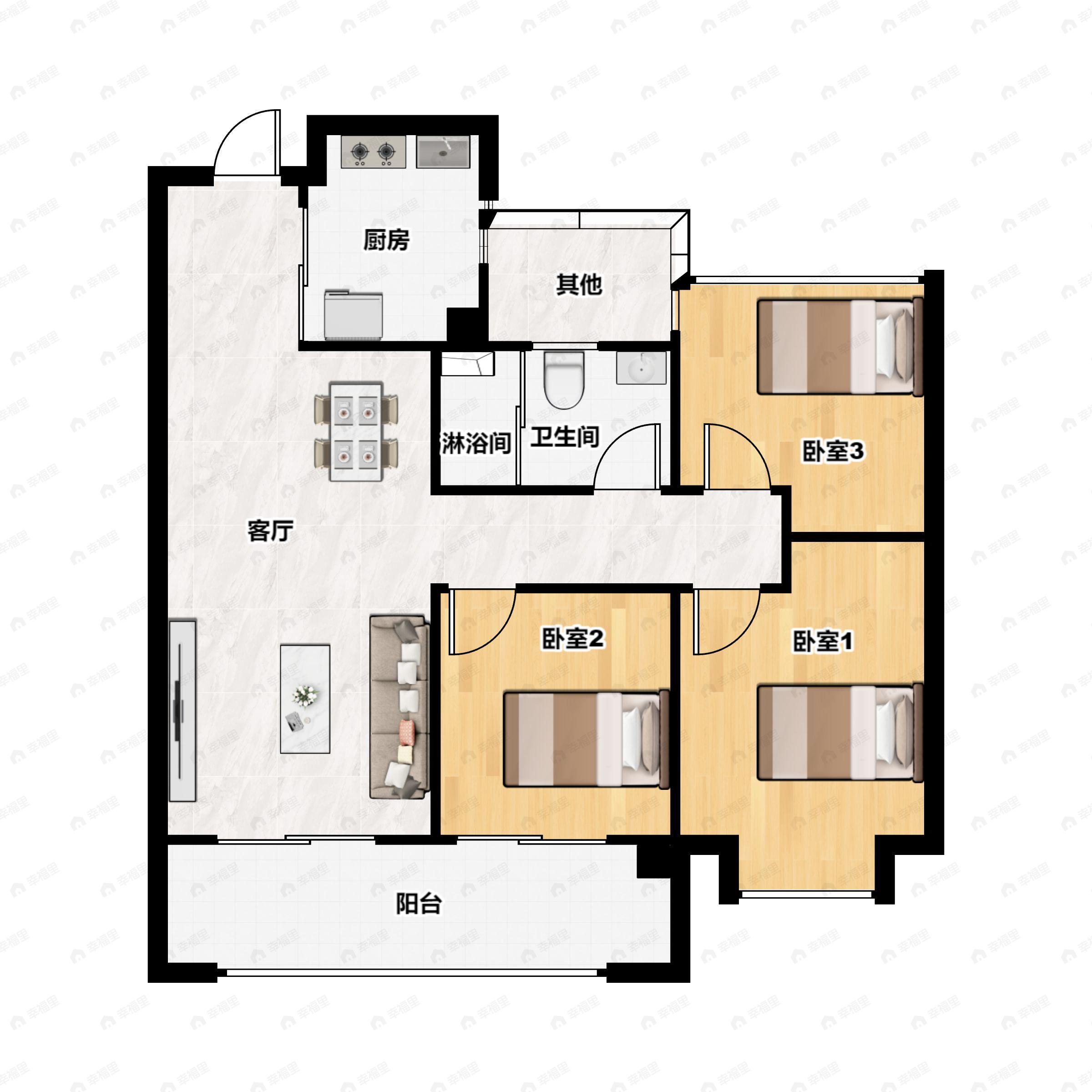 3室2厅1卫建面89m²北|南户型图