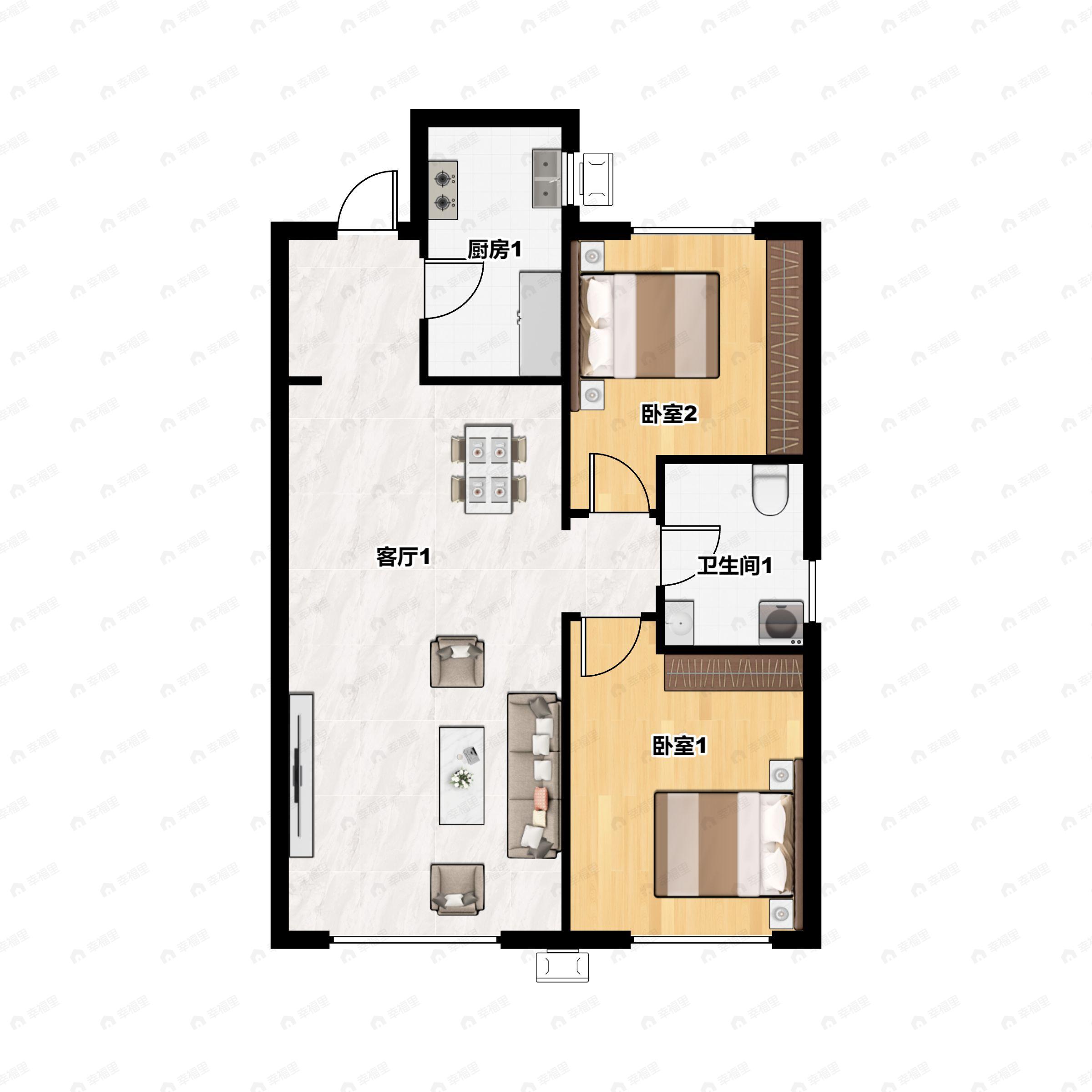 2室2厅1卫建面77平南|北户型图