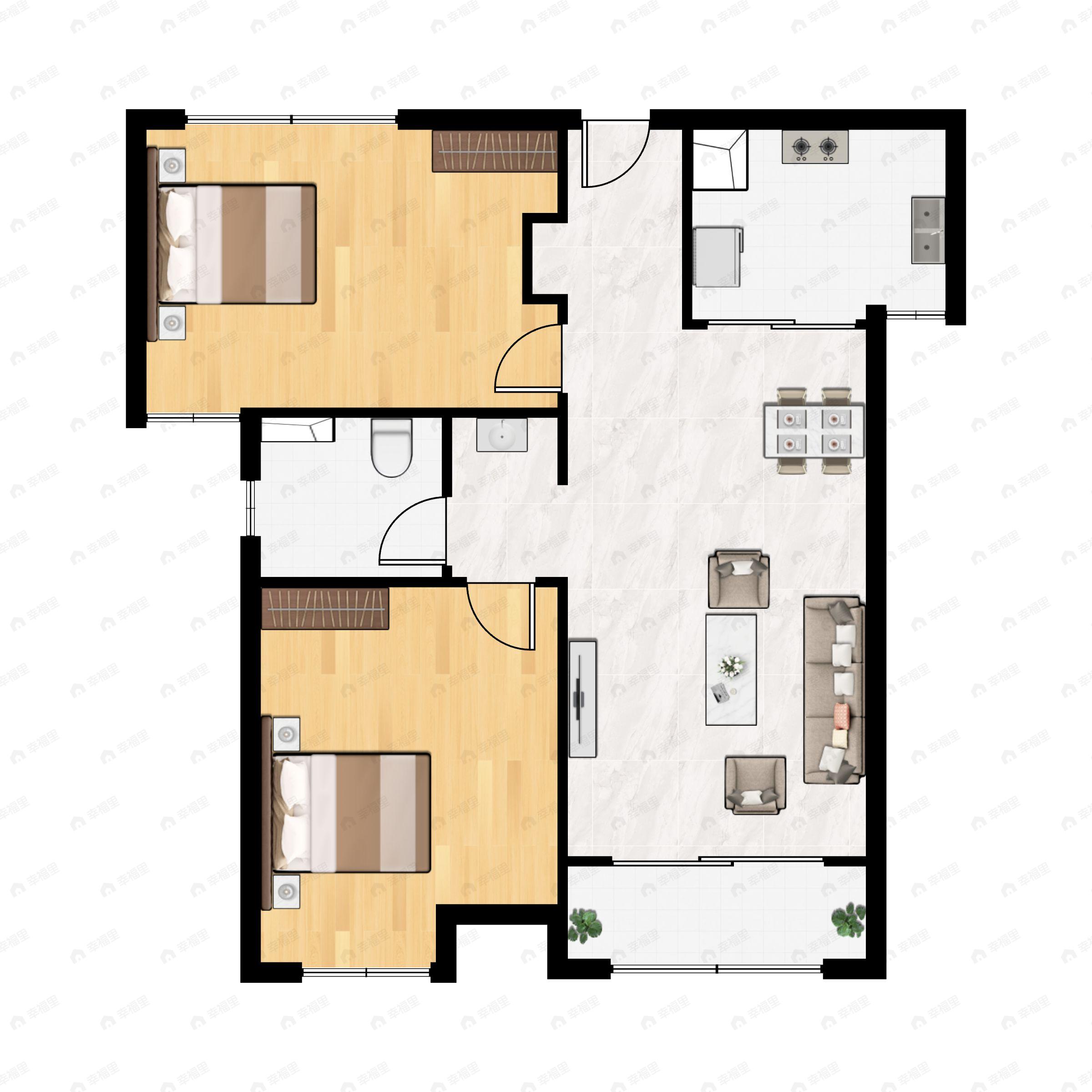 2室2厅1卫建面84m²南户型图