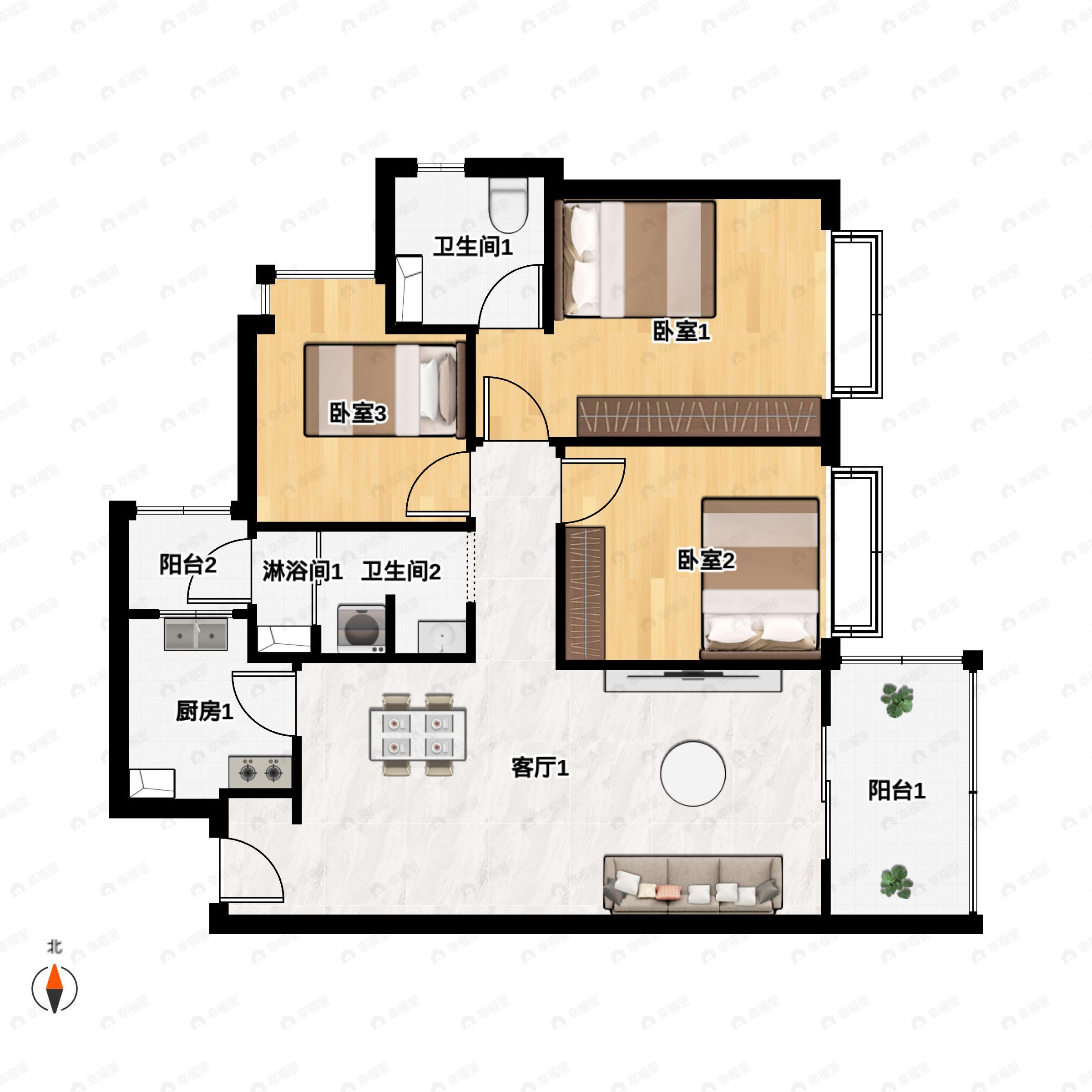 3室2厅2卫建面101m²东户型图