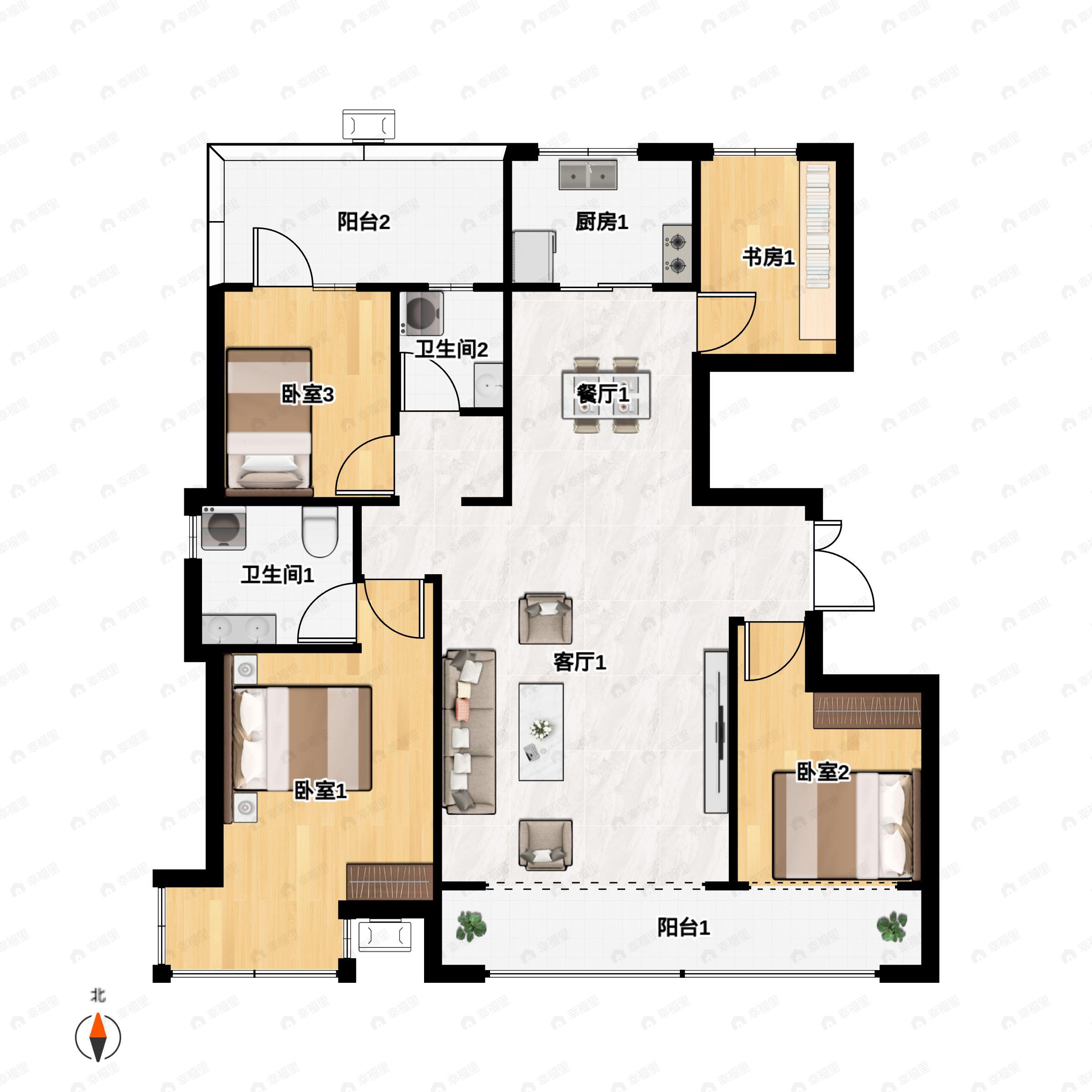 4室2厅2卫建面130平南|北户型图