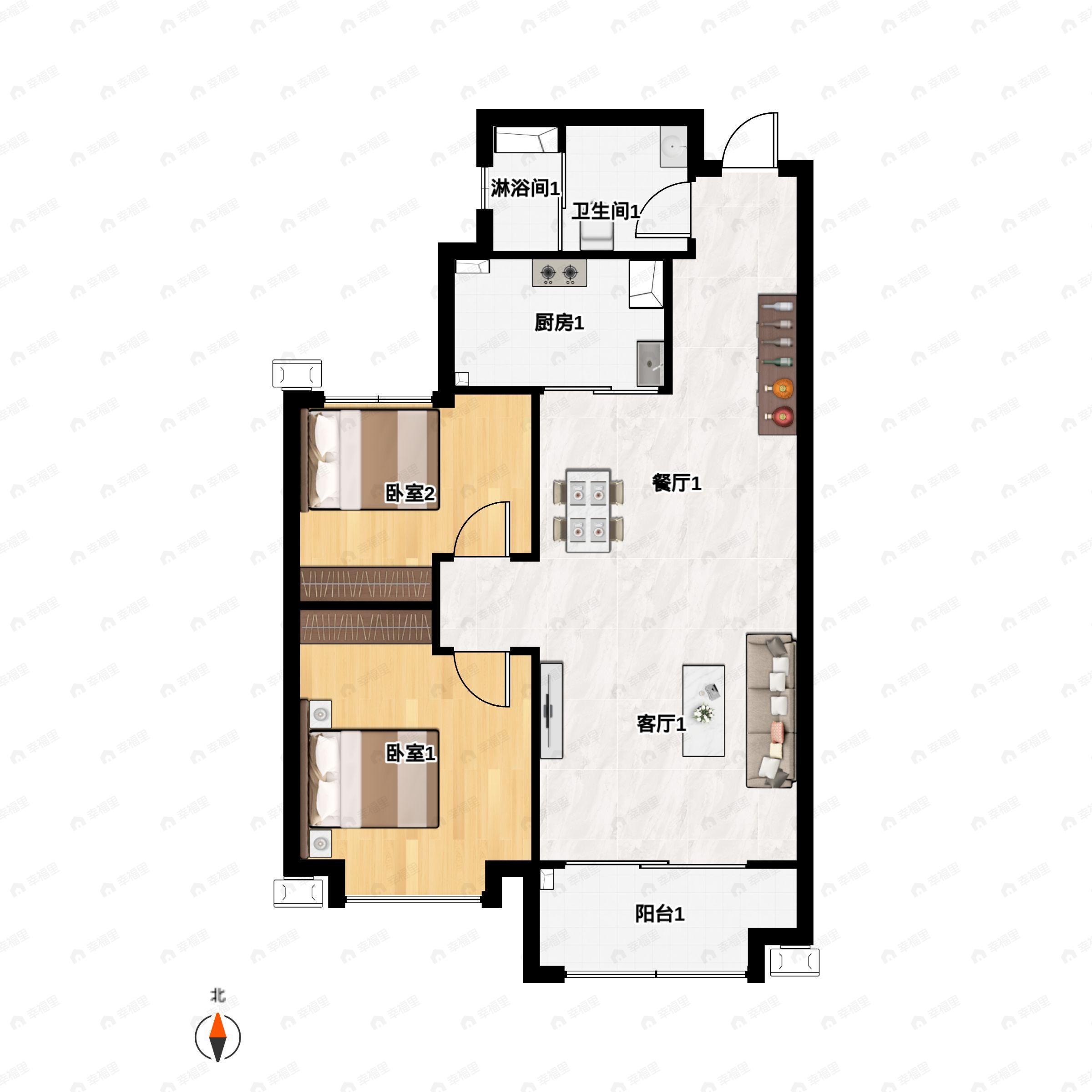 2室2厅1卫建面77m²南|北户型图