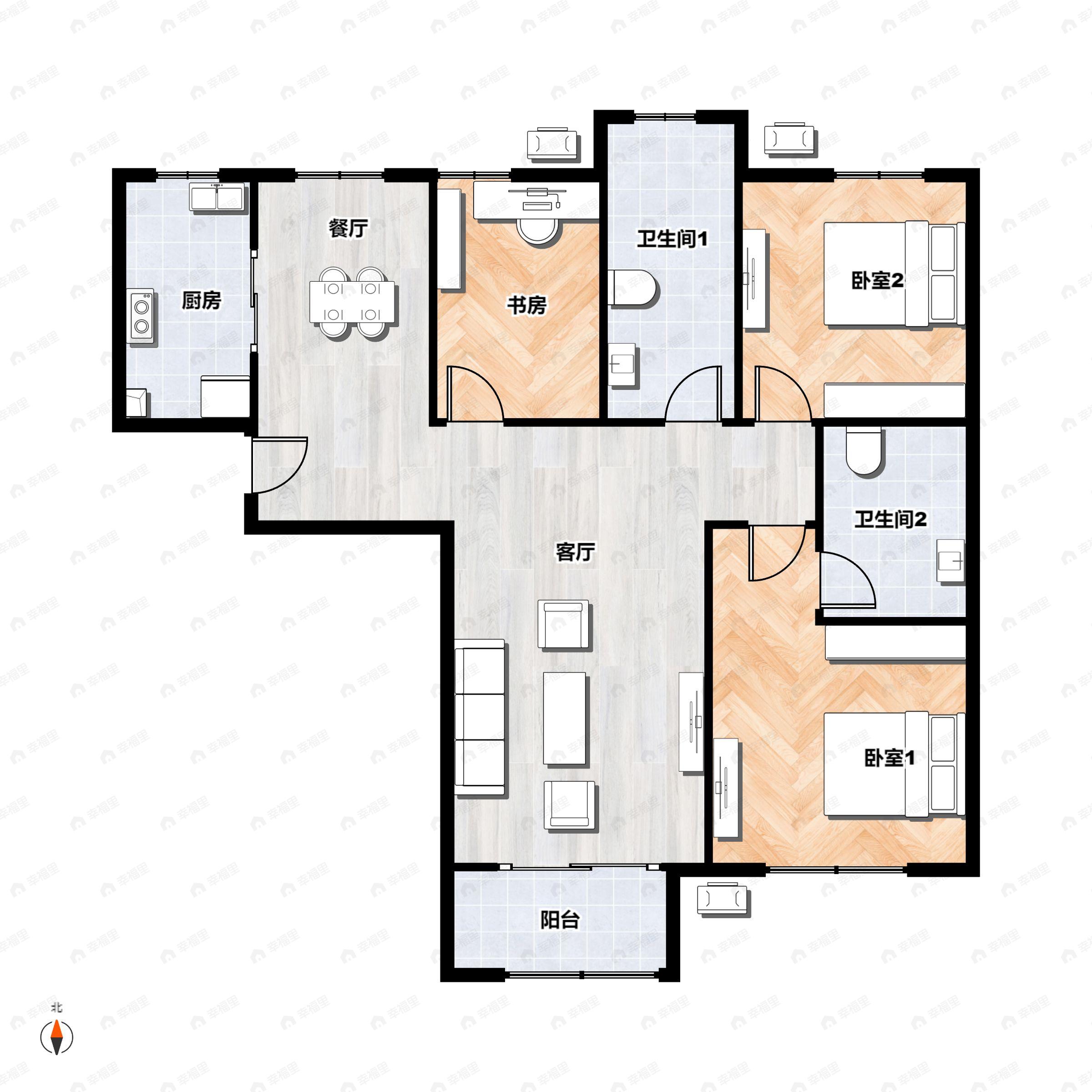 3室2厅2卫建面120平北|南户型图