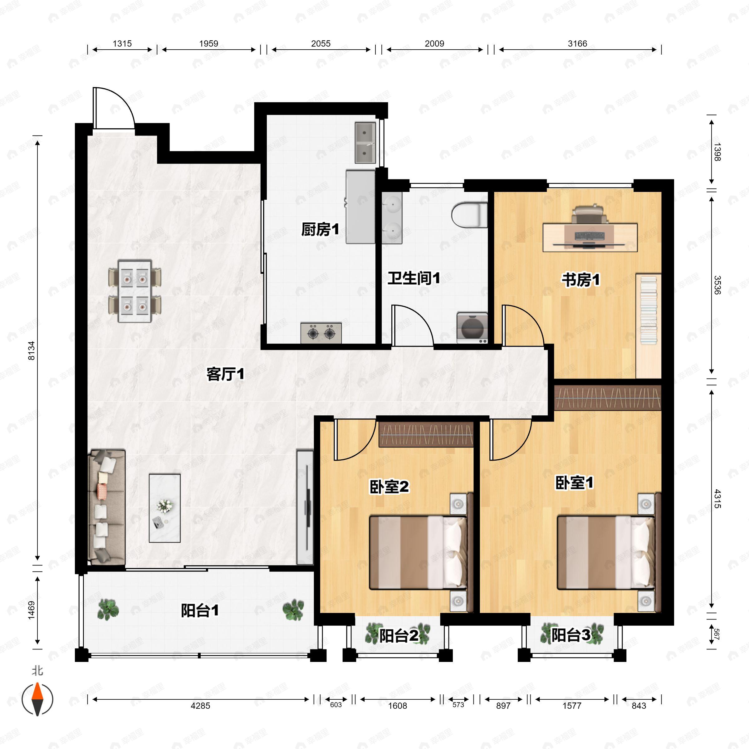 3室2厅1卫建面93平户型图