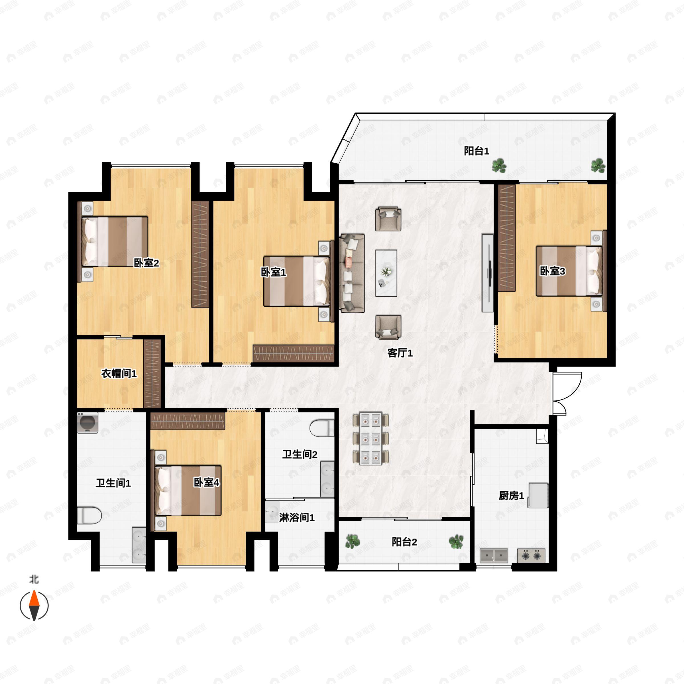 4室2厅2卫建面152平北|西北户型图