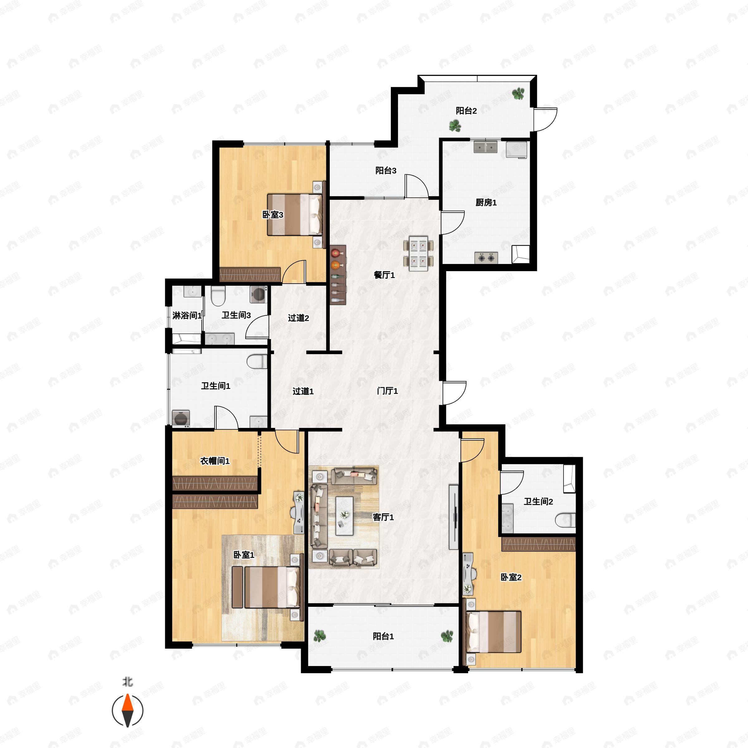 3室2厅3卫建面173平南户型图