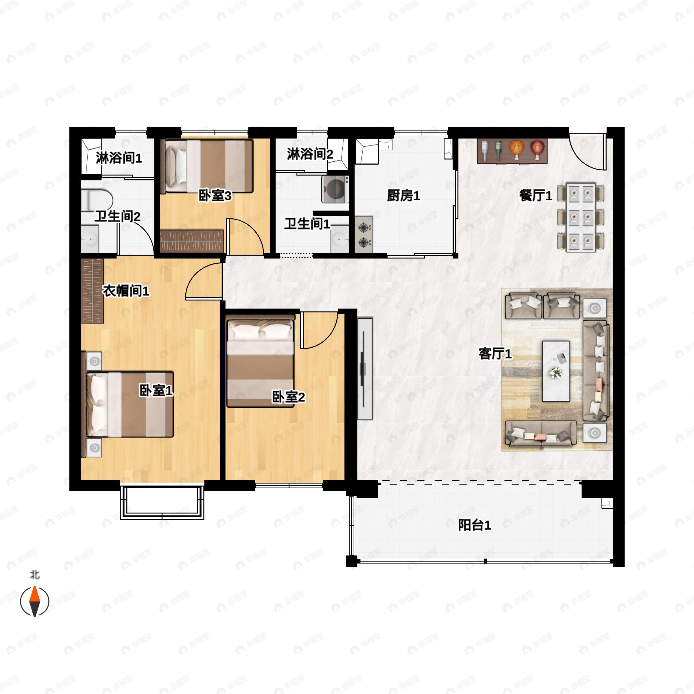 3室2厅2卫建面133m²南户型图