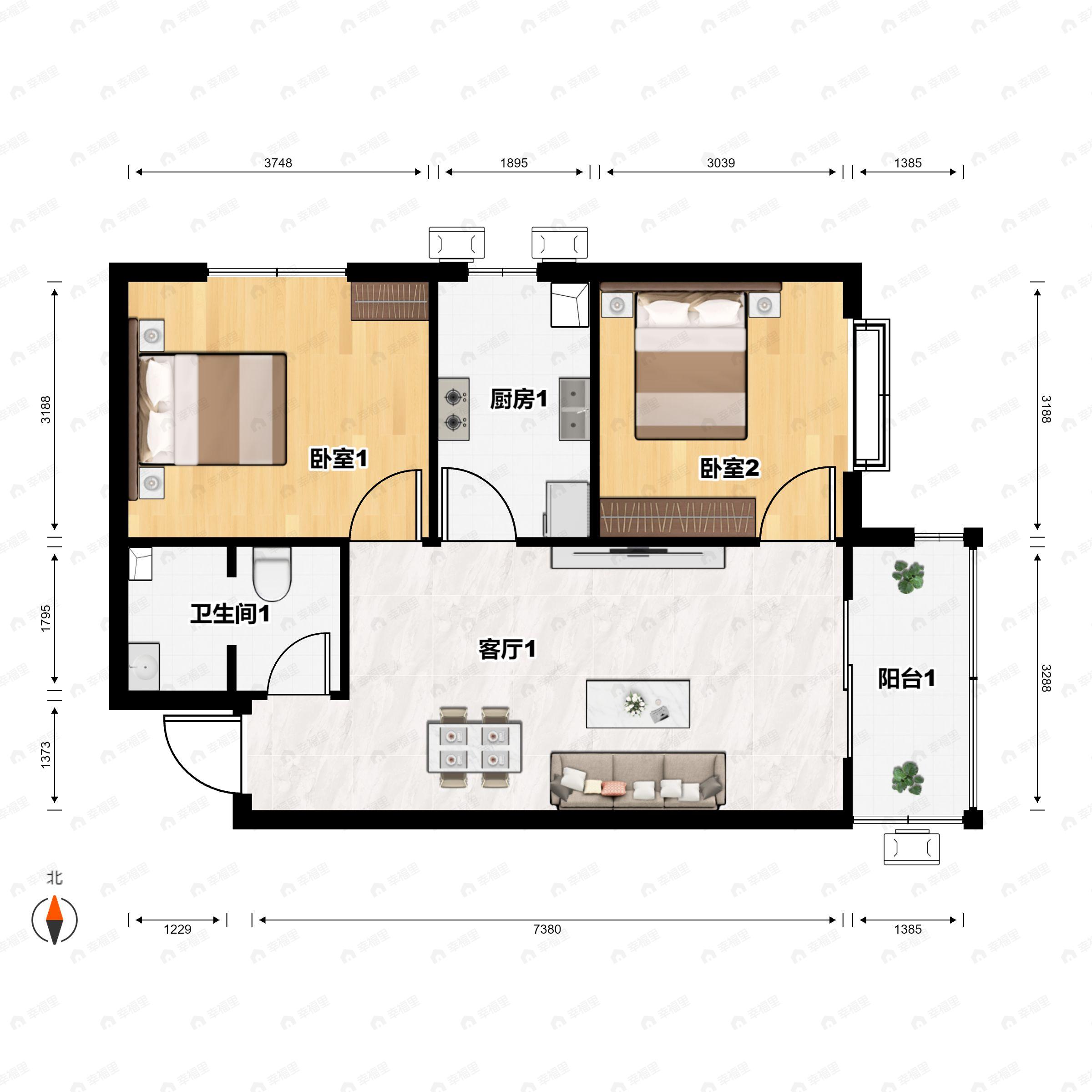 2室2厅1卫建面82m²东户型图