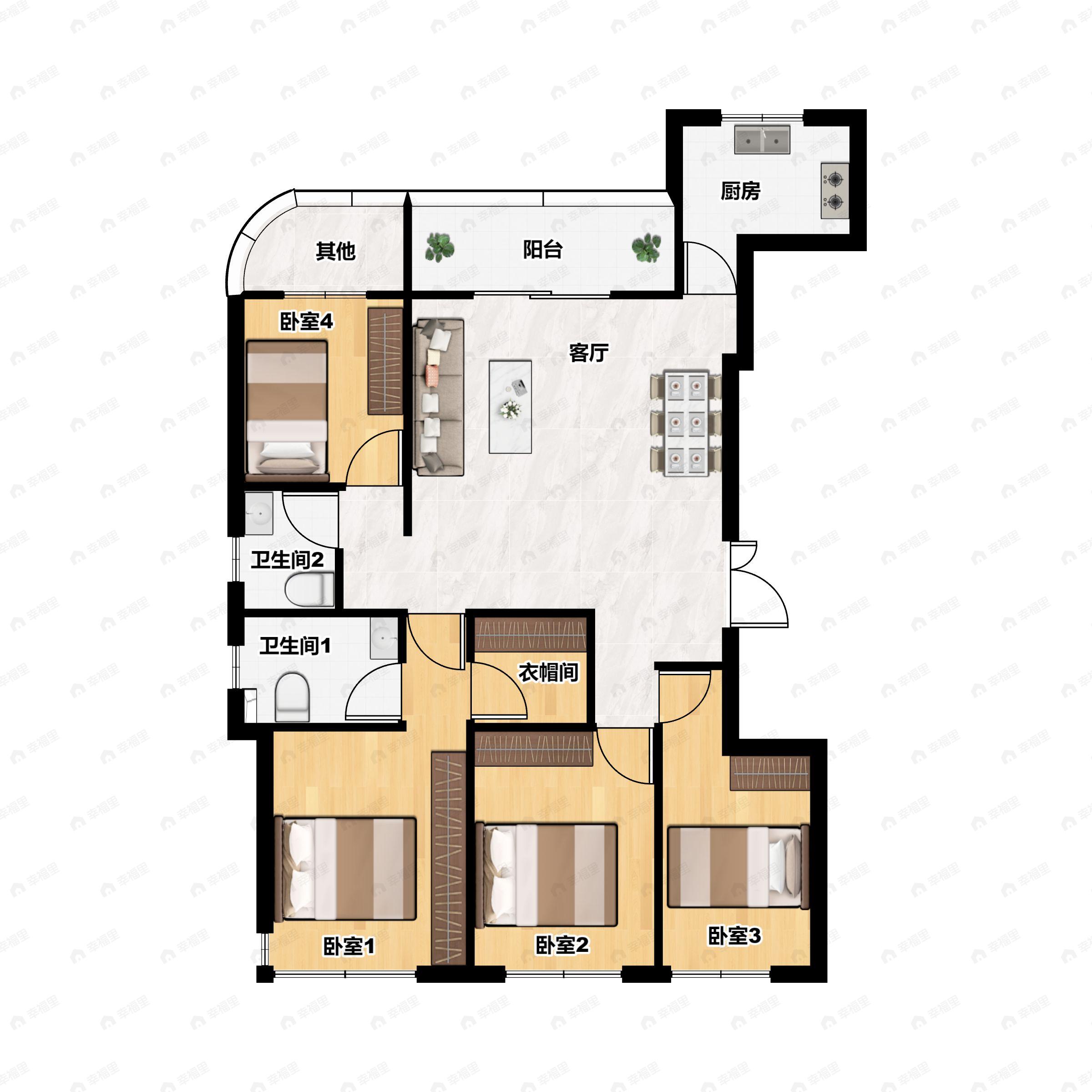 4室2厅2卫建面148平南|北户型图