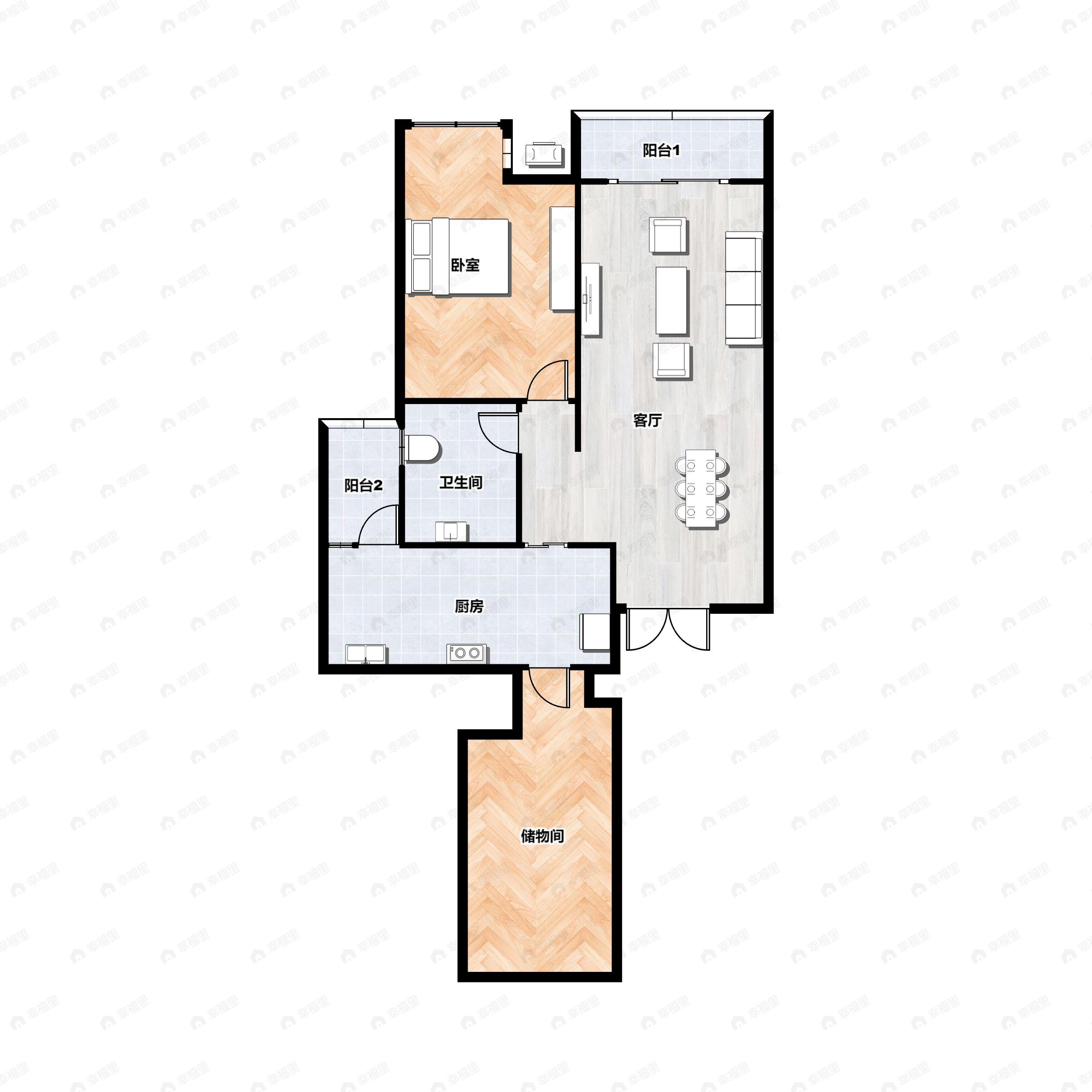 1室2厅1卫建面87m²南|北户型图