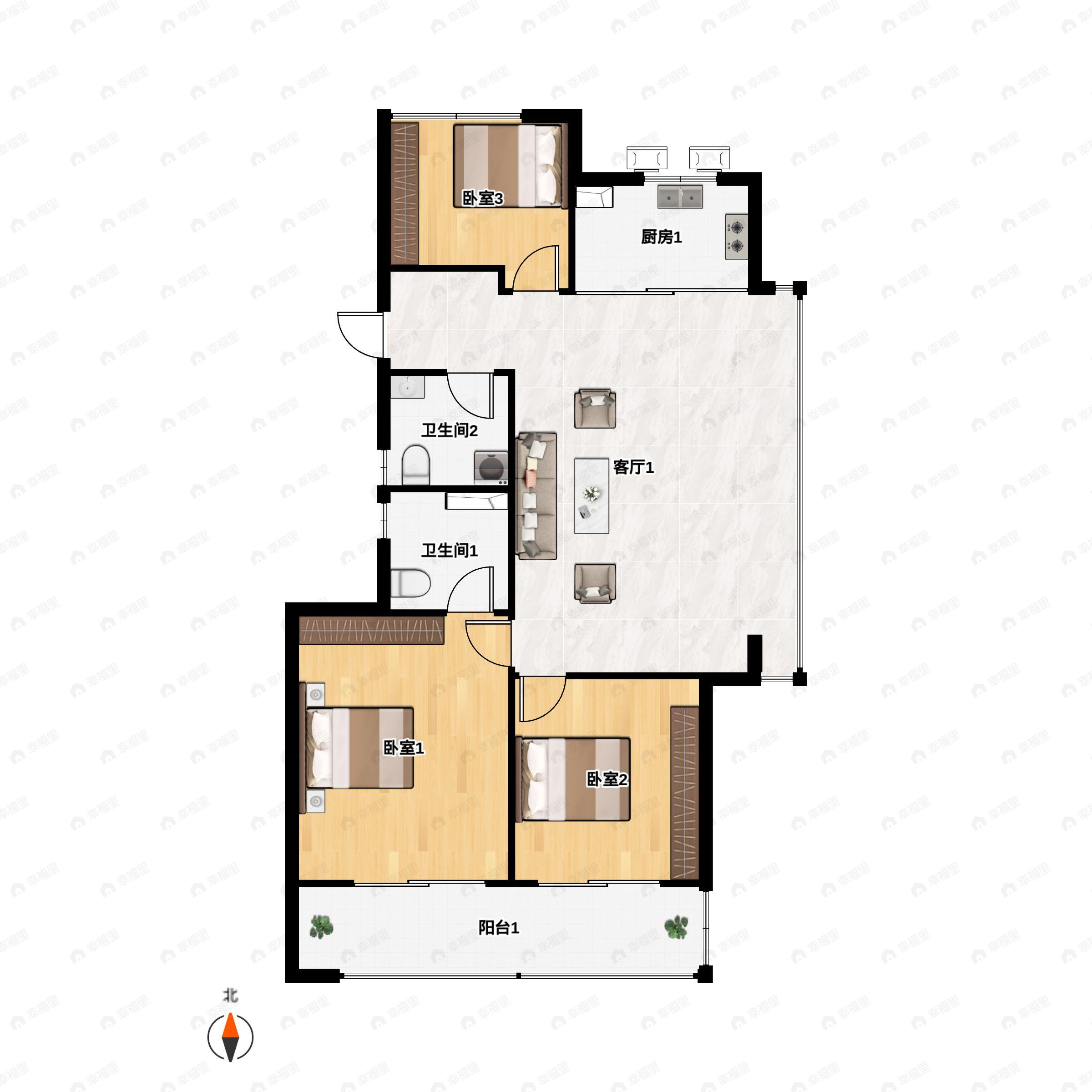 3室2厅2卫建面105平户型图