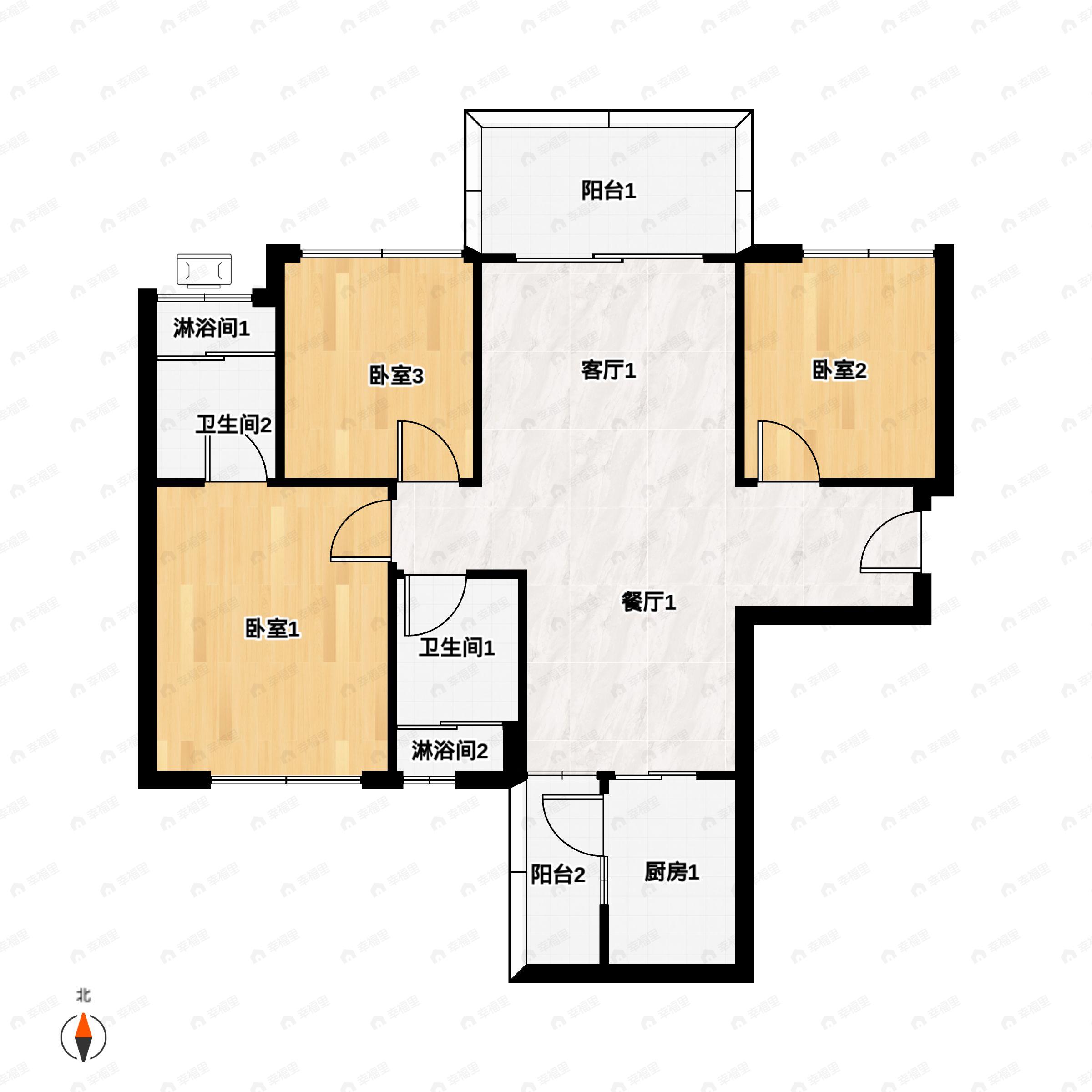 3室2厅2卫建面91平南户型图