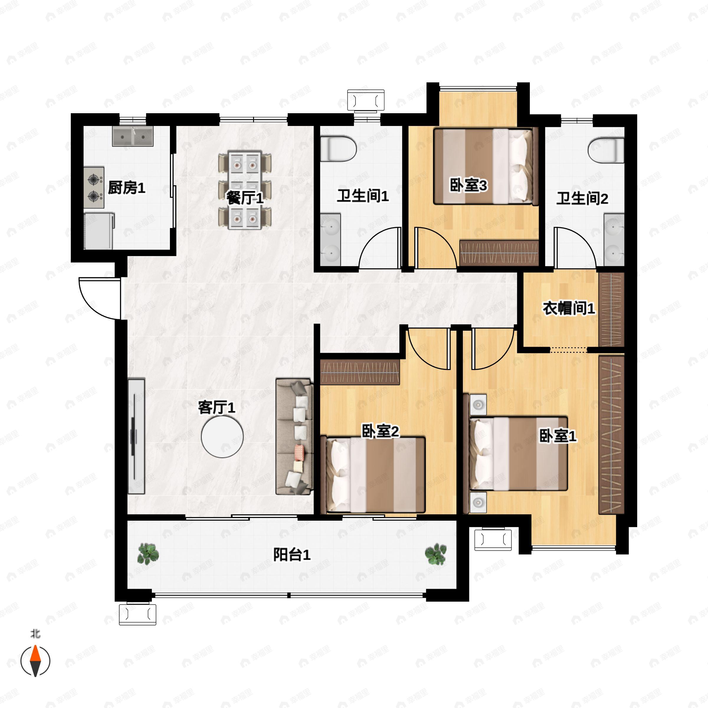 3室2厅2卫建面127m²南户型图