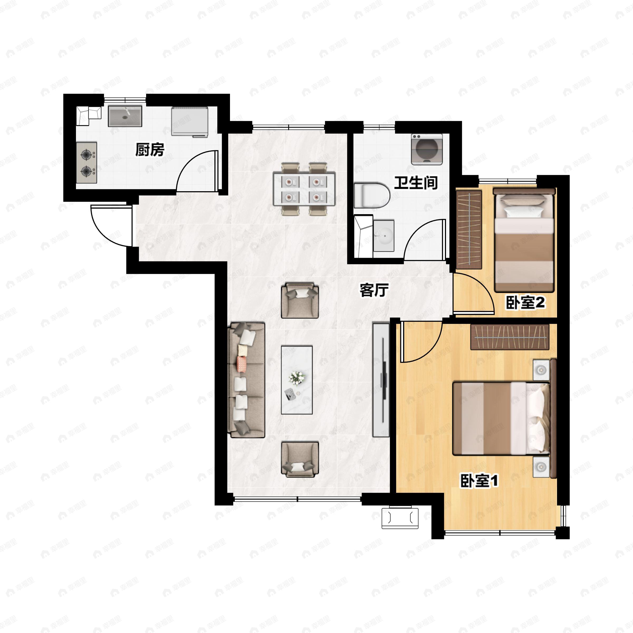 2室2厅1卫建面78平北|南户型图
