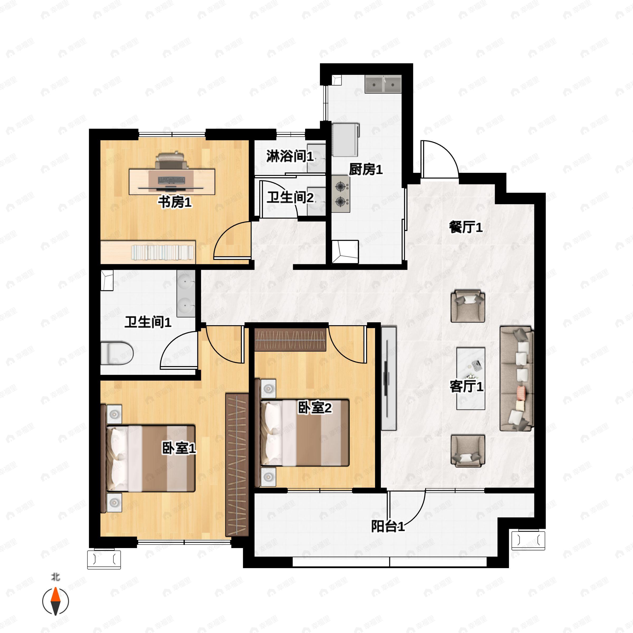 3室2厅2卫建面104m²南户型图
