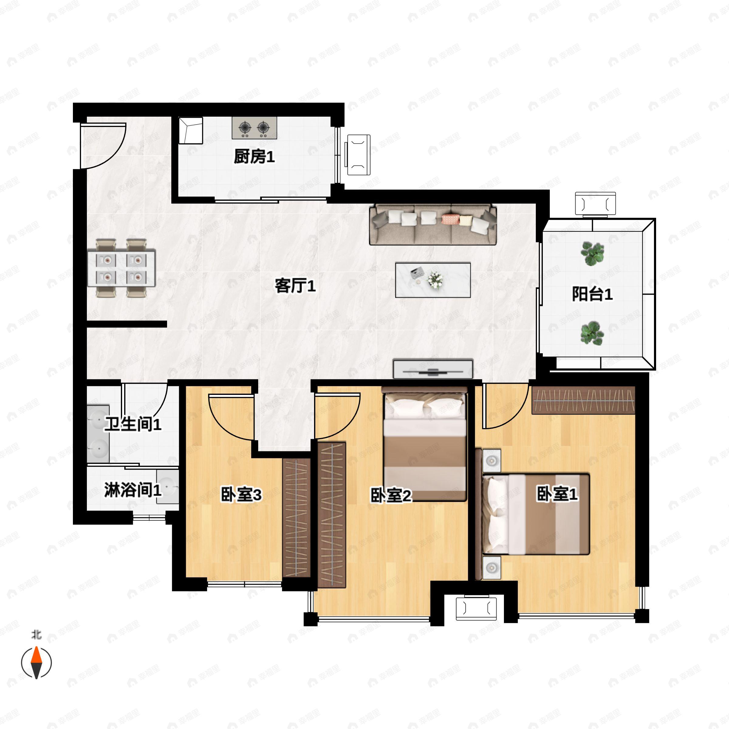 3室2厅1卫建面93平户型图