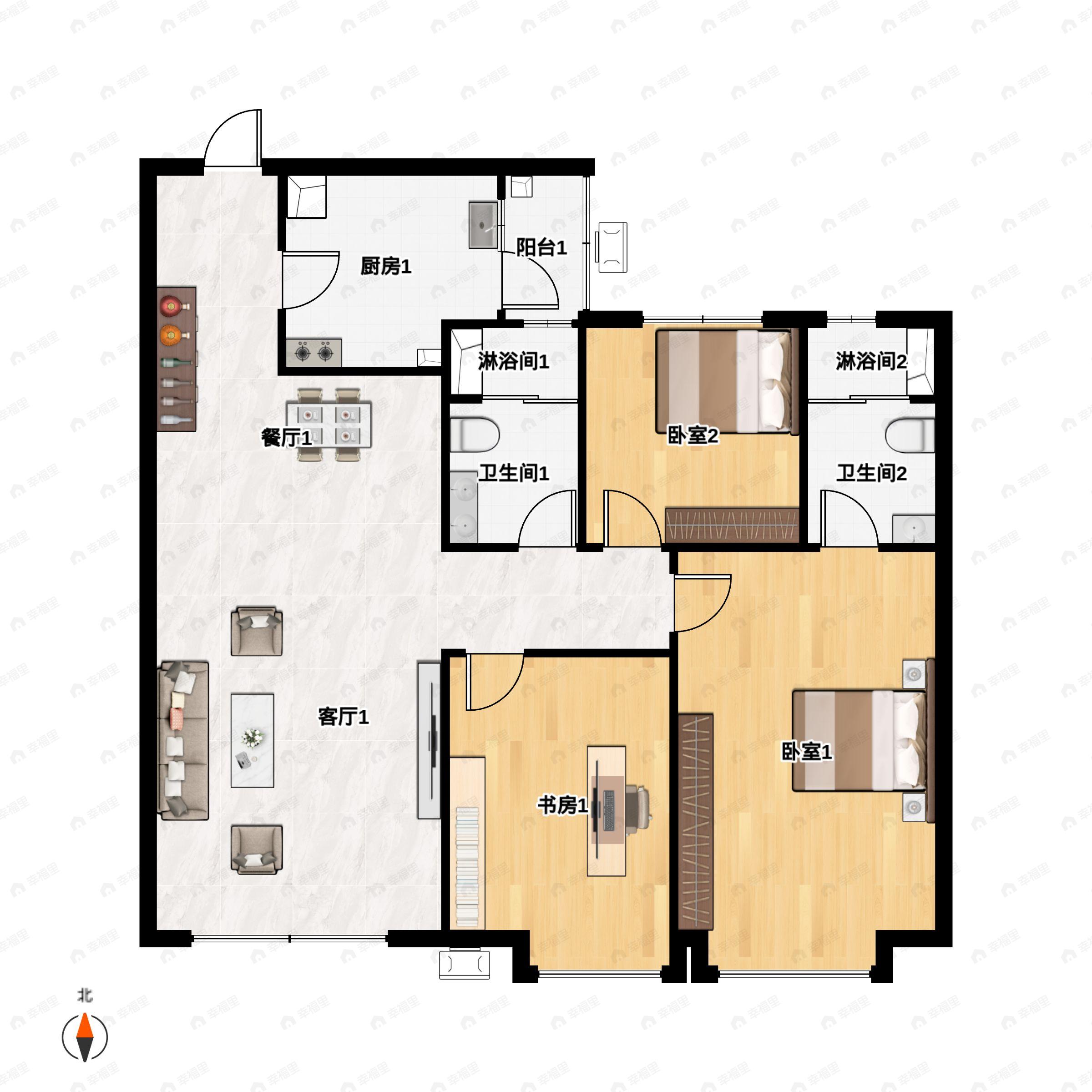 3室2厅2卫建面106平户型图
