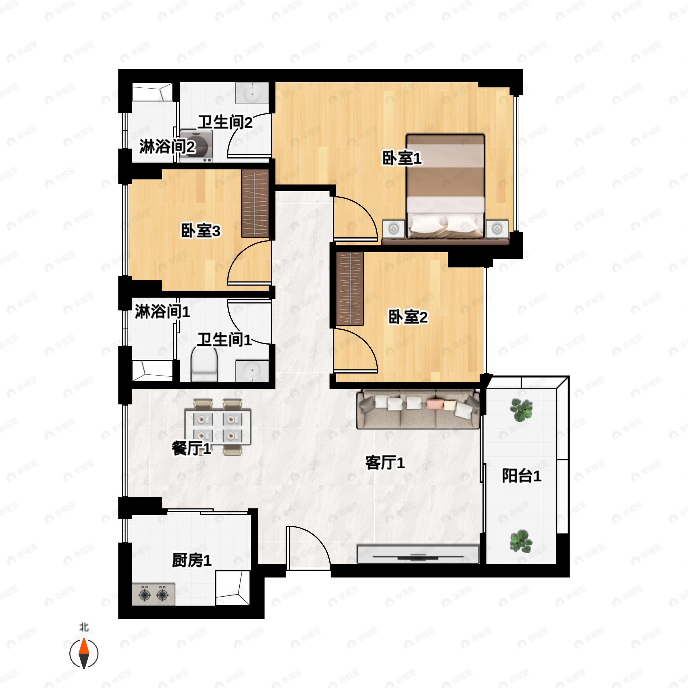 3室2厅2卫建面95平户型图