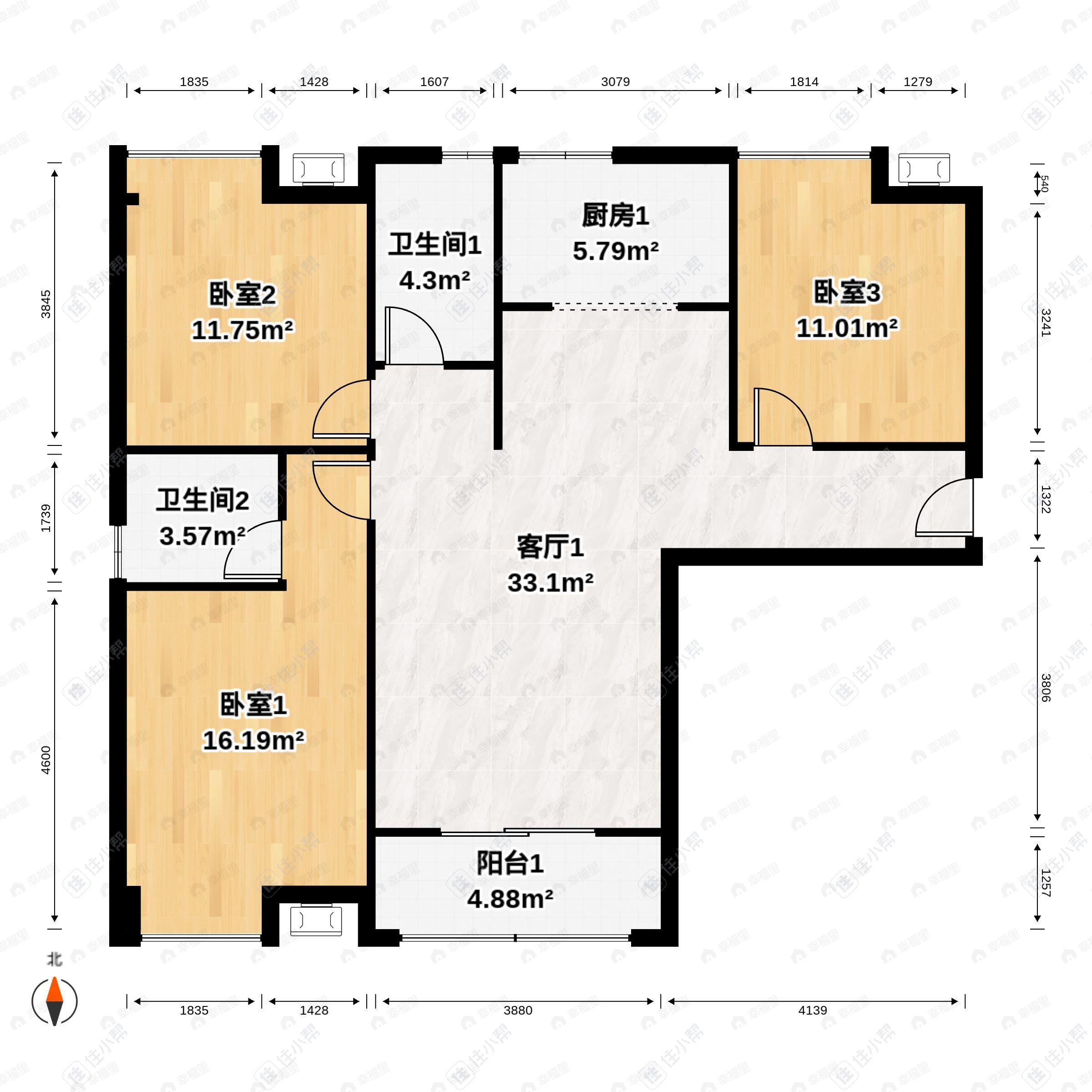 3室2厅2卫建面121平户型图