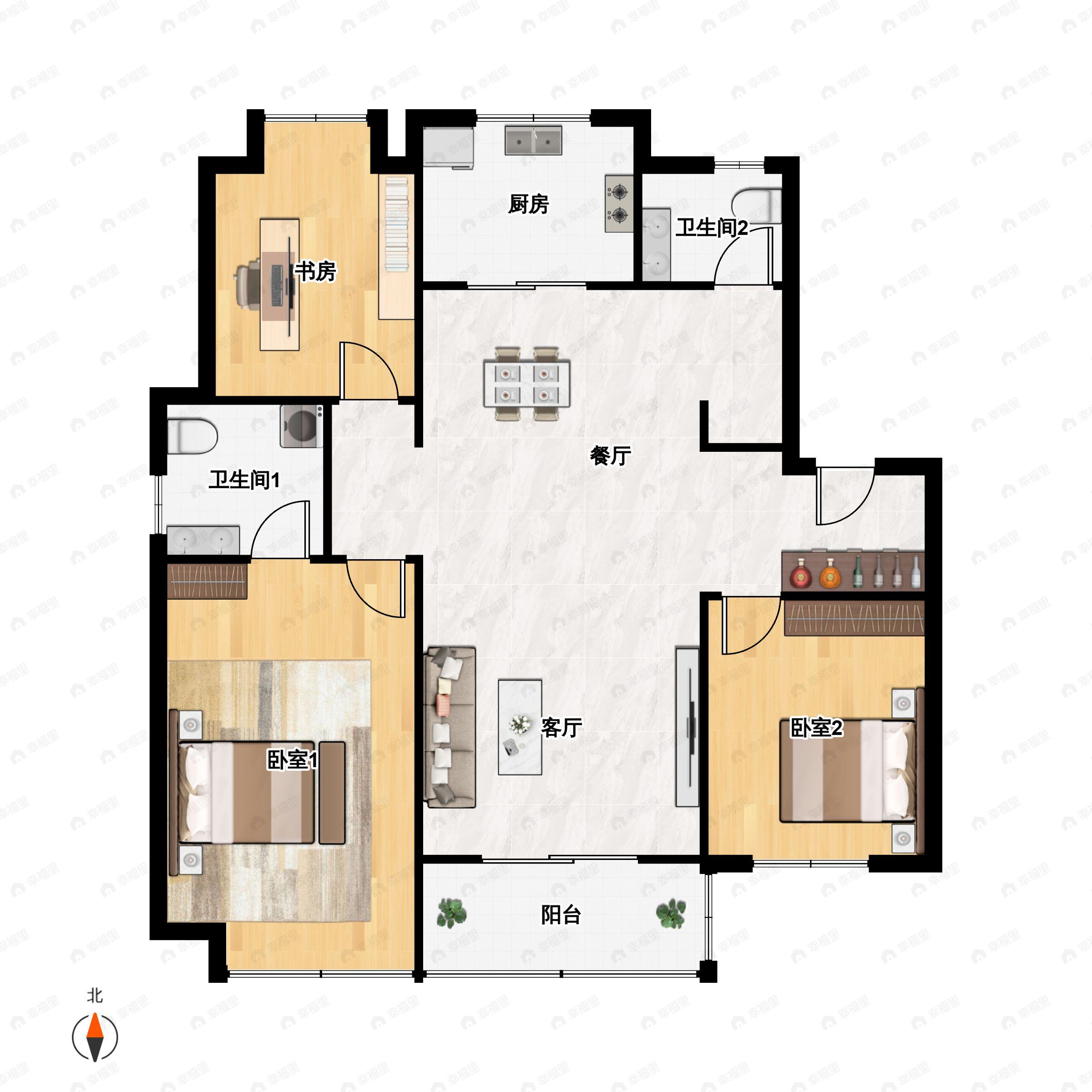 3室2厅2卫建面123平户型图