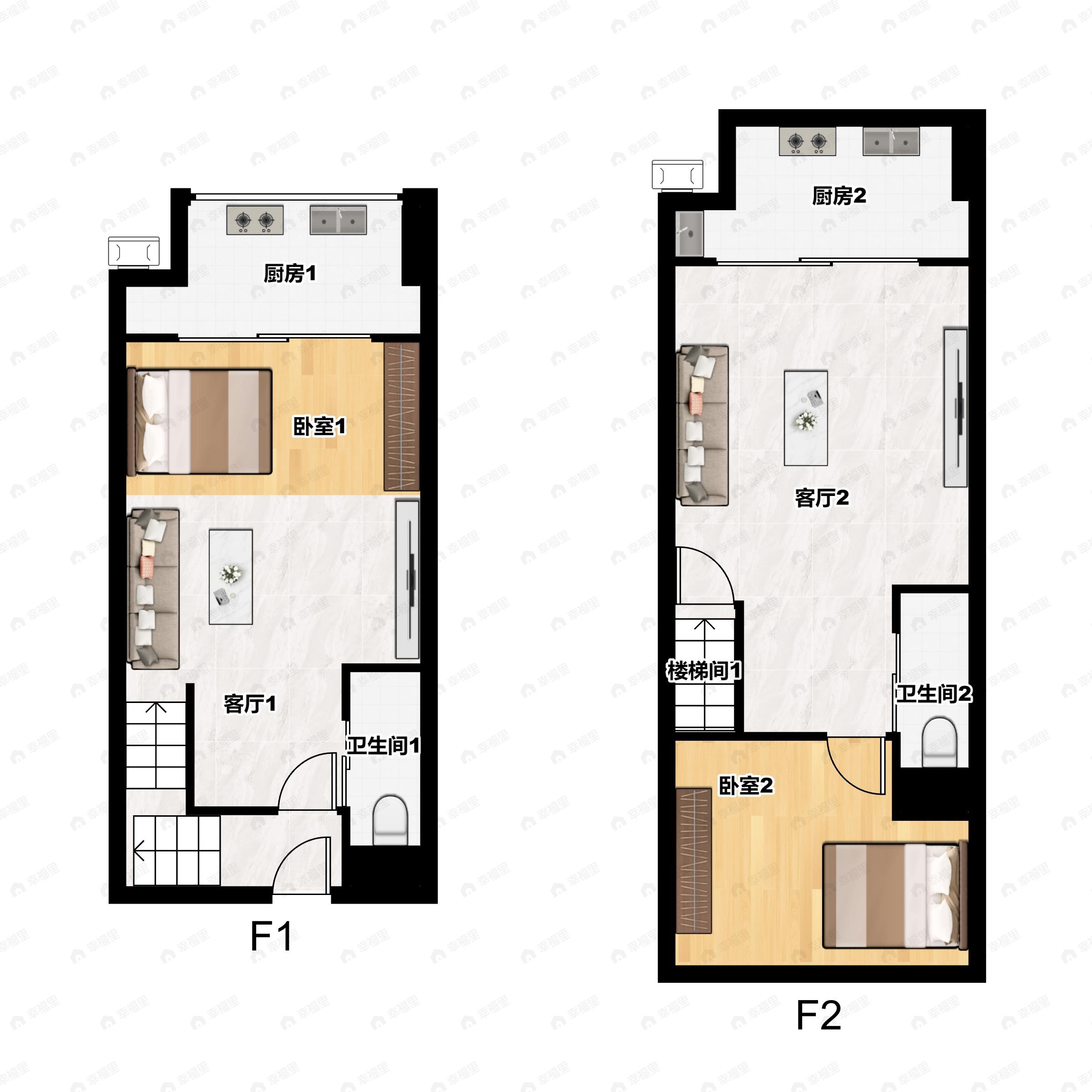 1室2厅2卫建面46m²南户型图