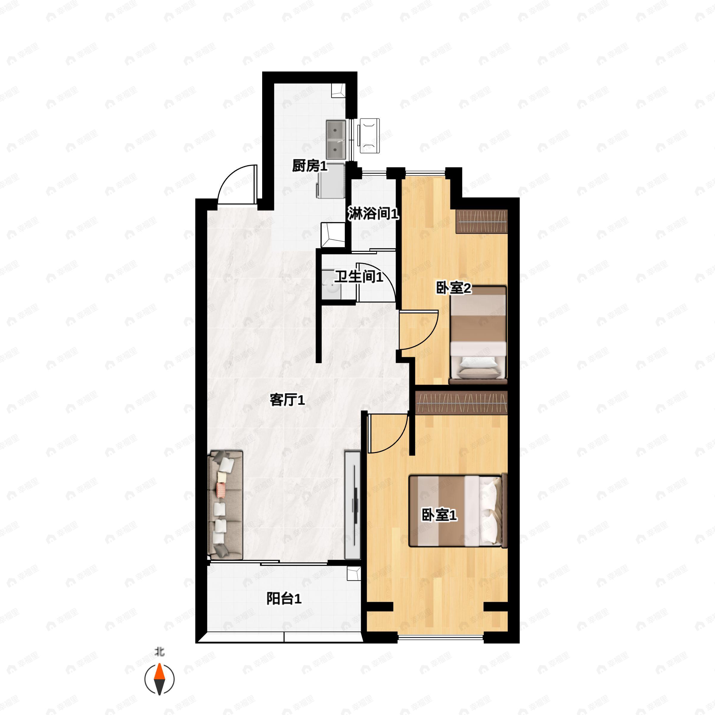 2室2厅1卫建面81m²南户型图