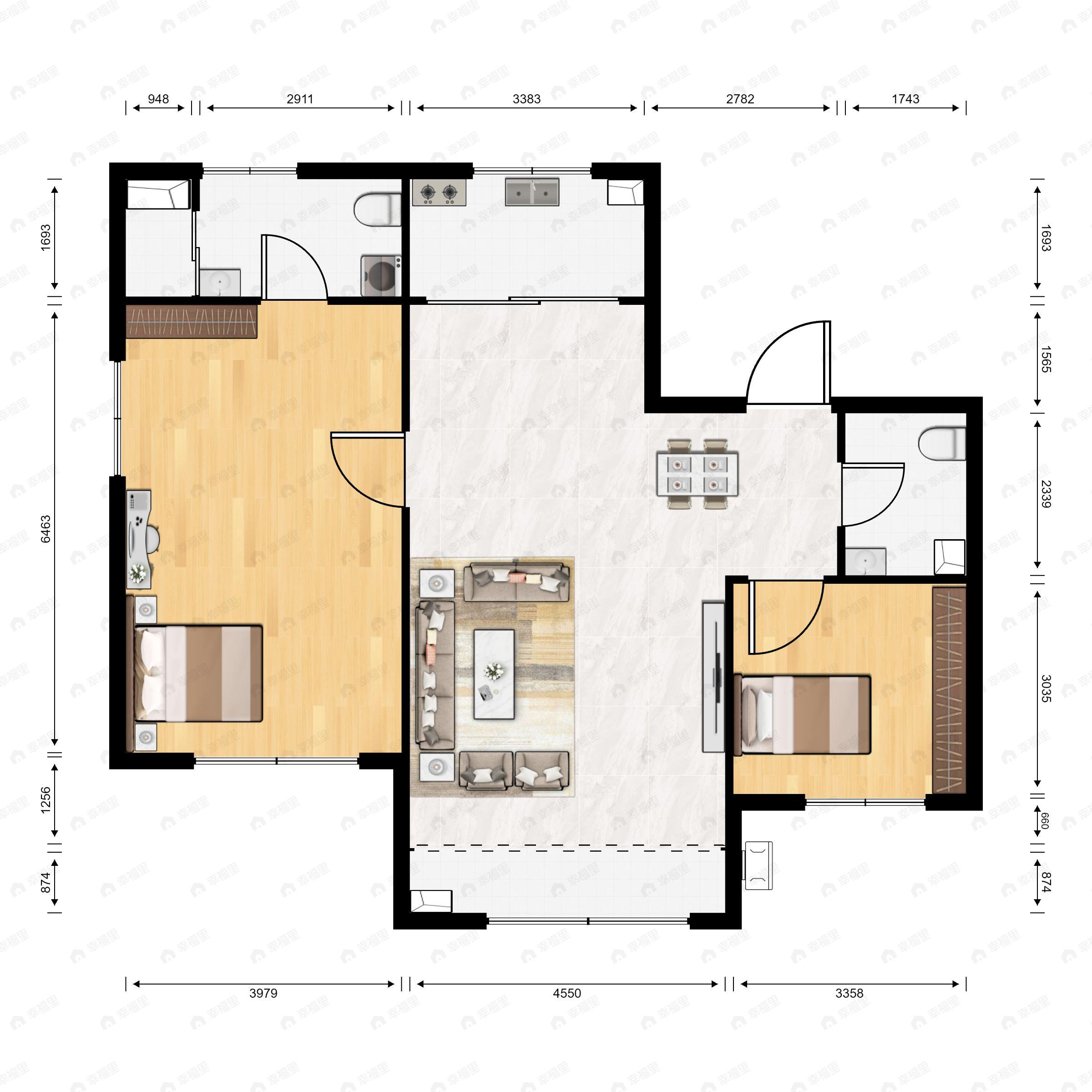 2室2厅2卫建面90m²南户型图