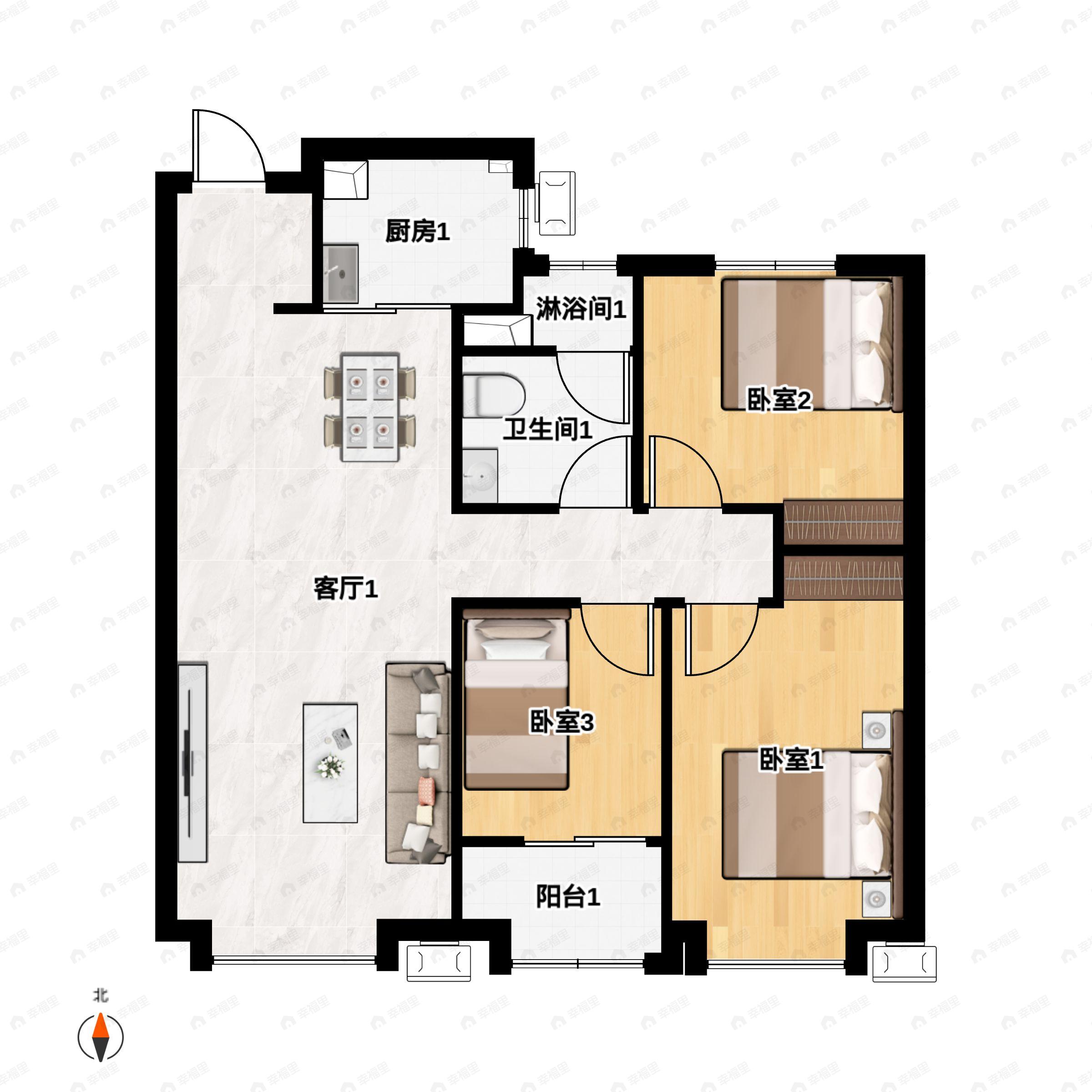 3室2厅1卫建面103m²南户型图
