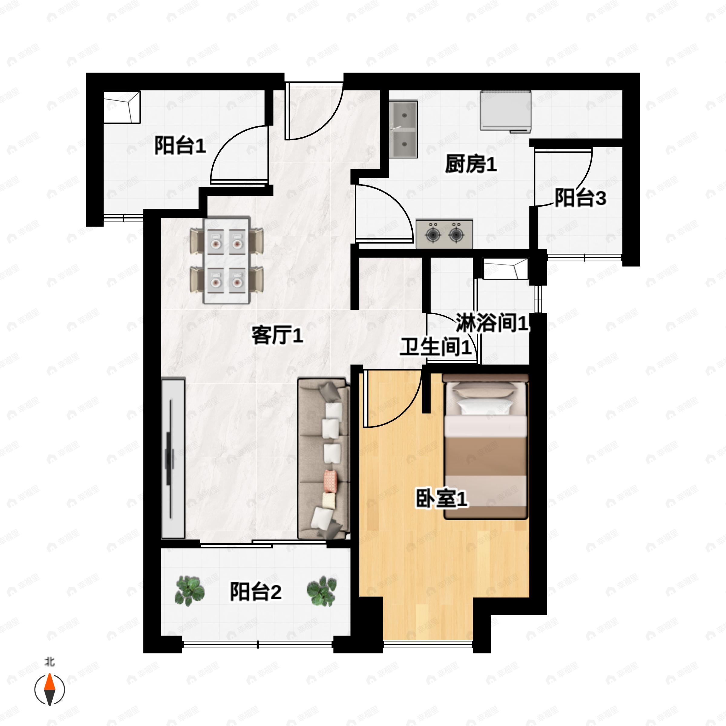 2室2厅1卫建面81m²南户型图