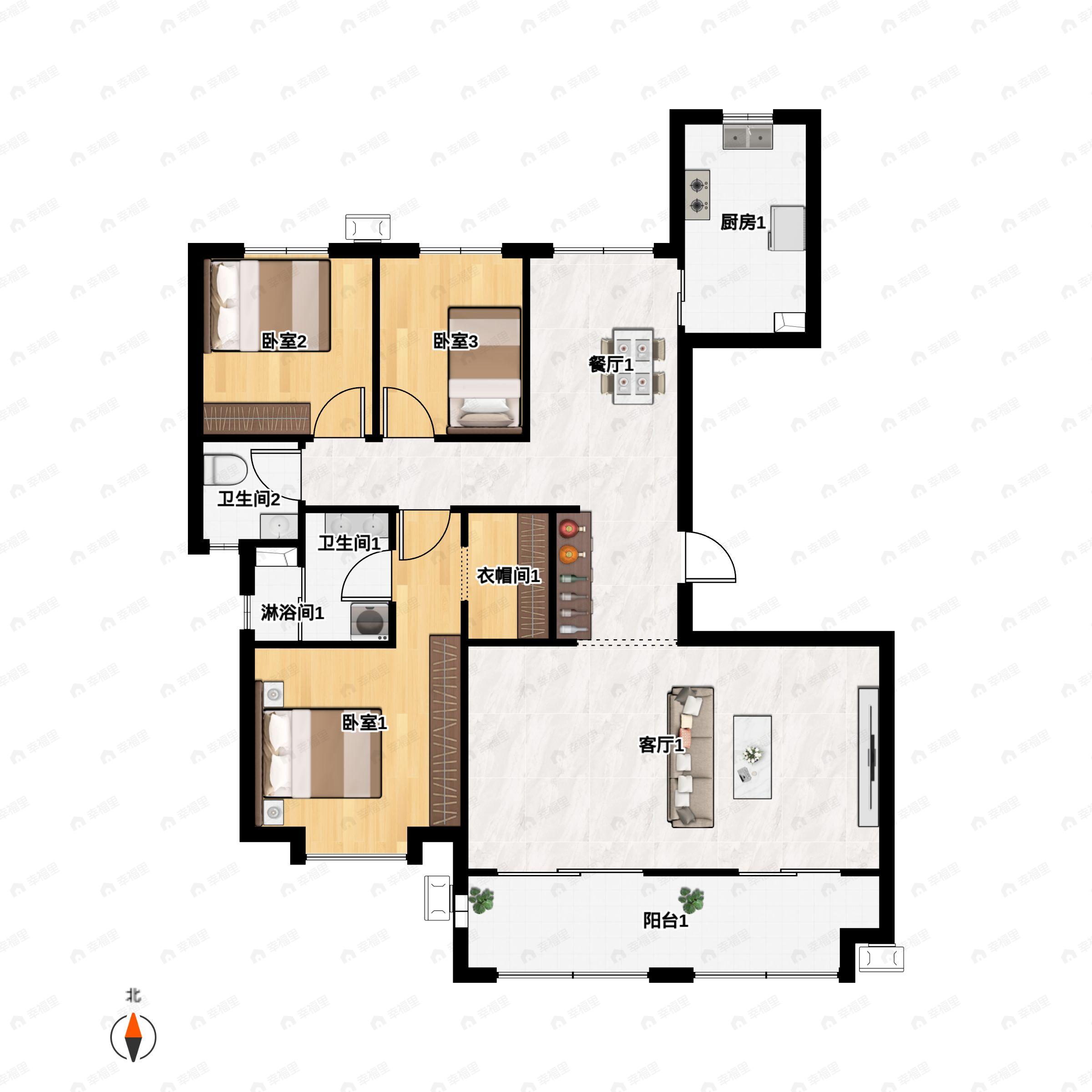 3室2厅2卫建面156m²南|北户型图