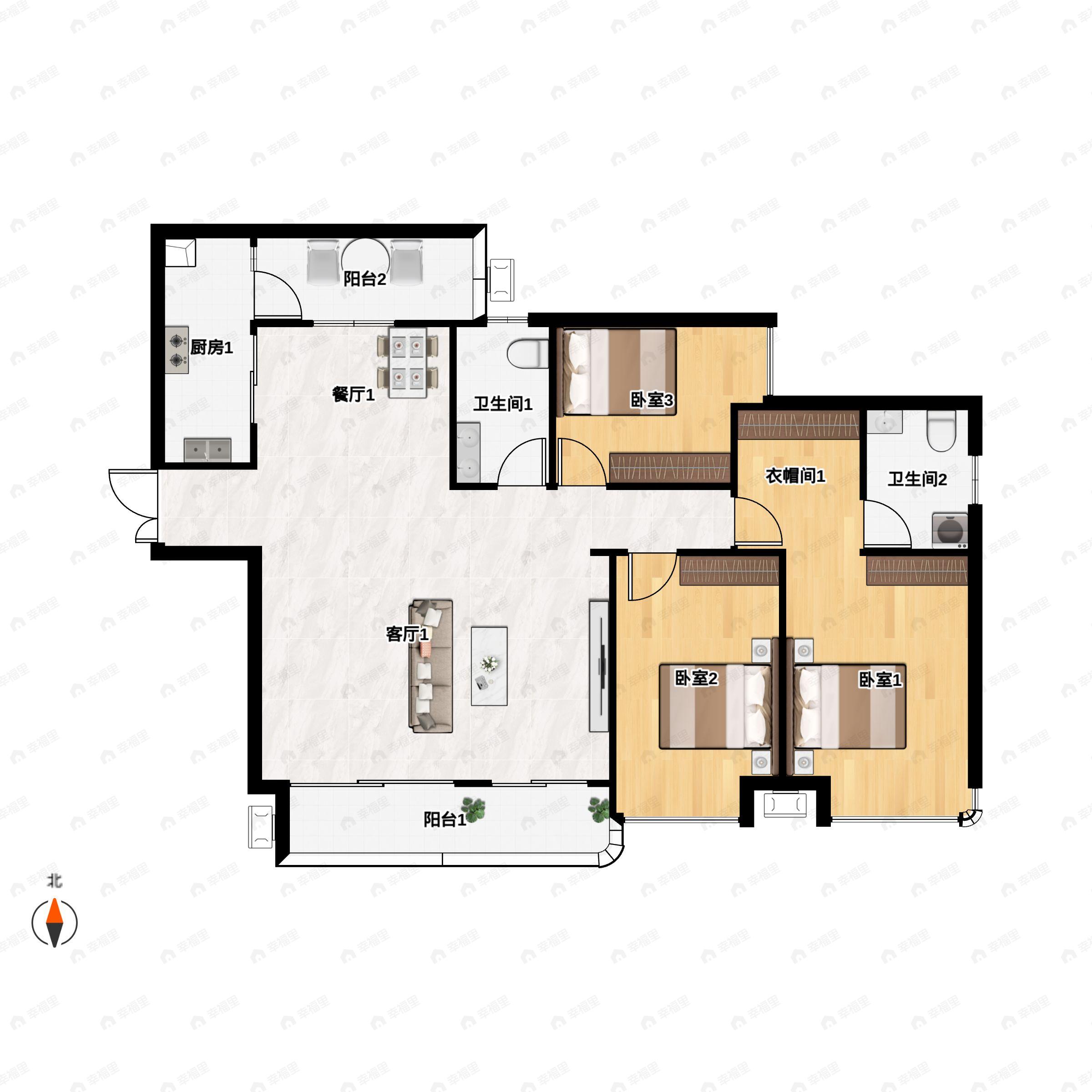 3室2厅2卫建面150m²南户型图