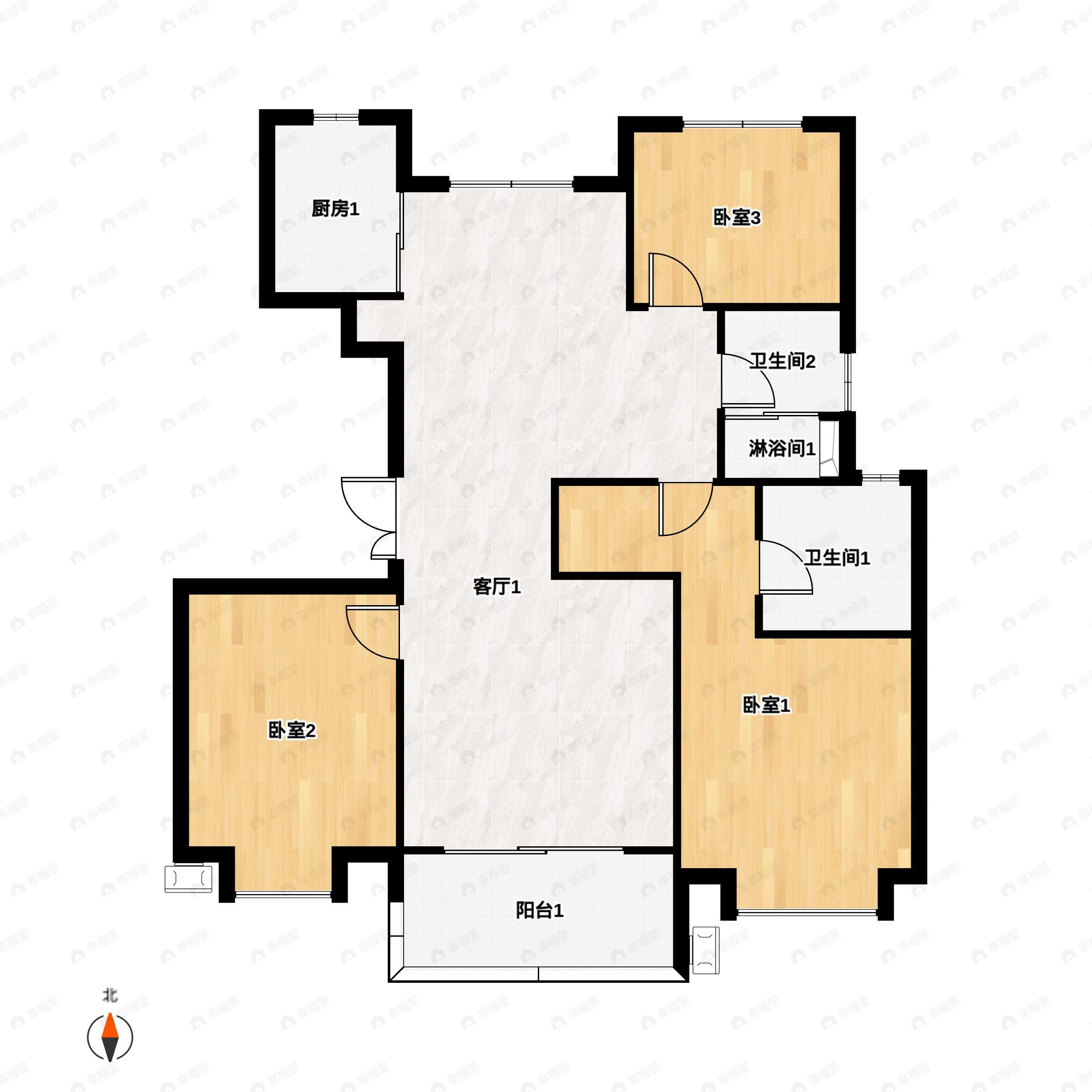 3室2厅2卫建面127m²南户型图