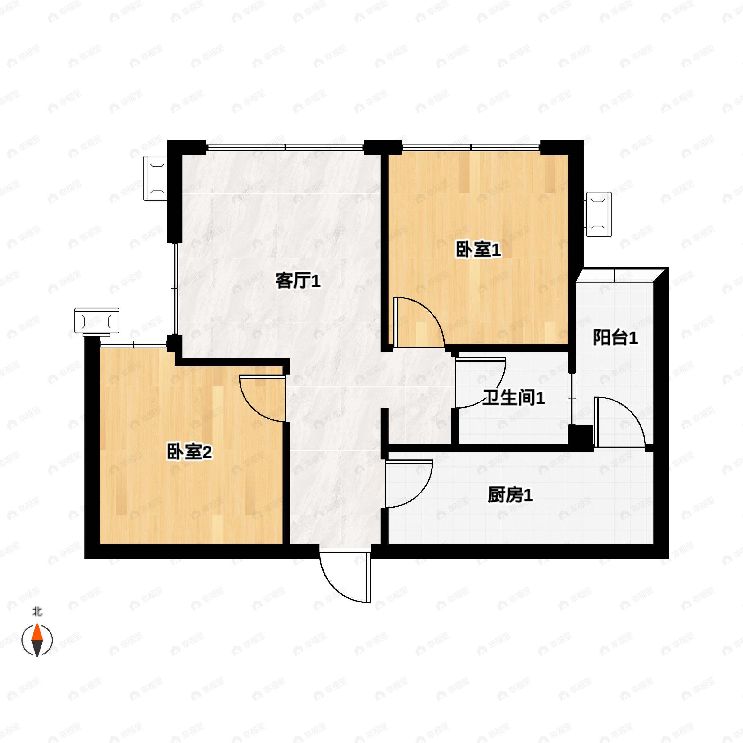 2室2厅1卫建面66m²南户型图