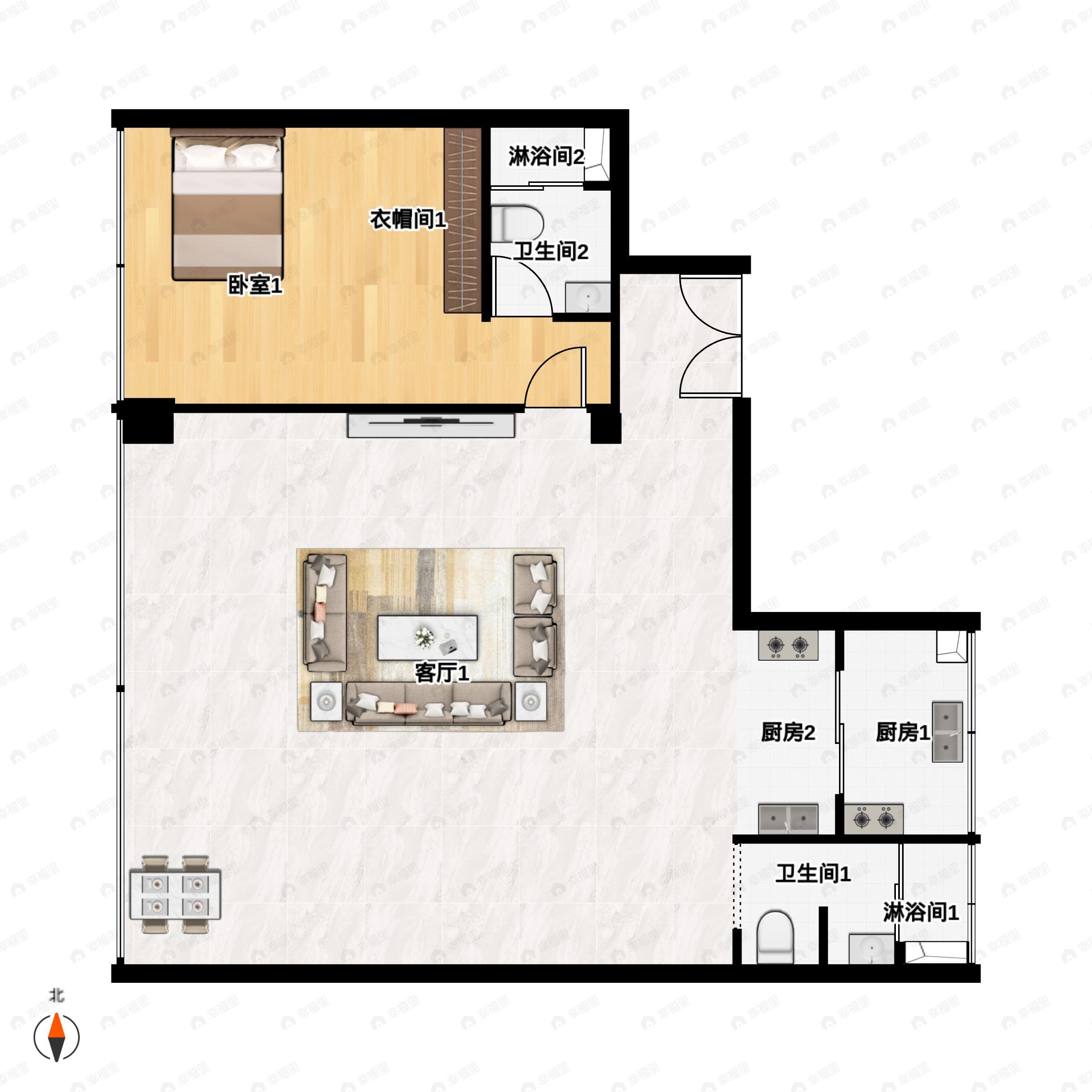 1室2厅2卫建面172m²西户型图