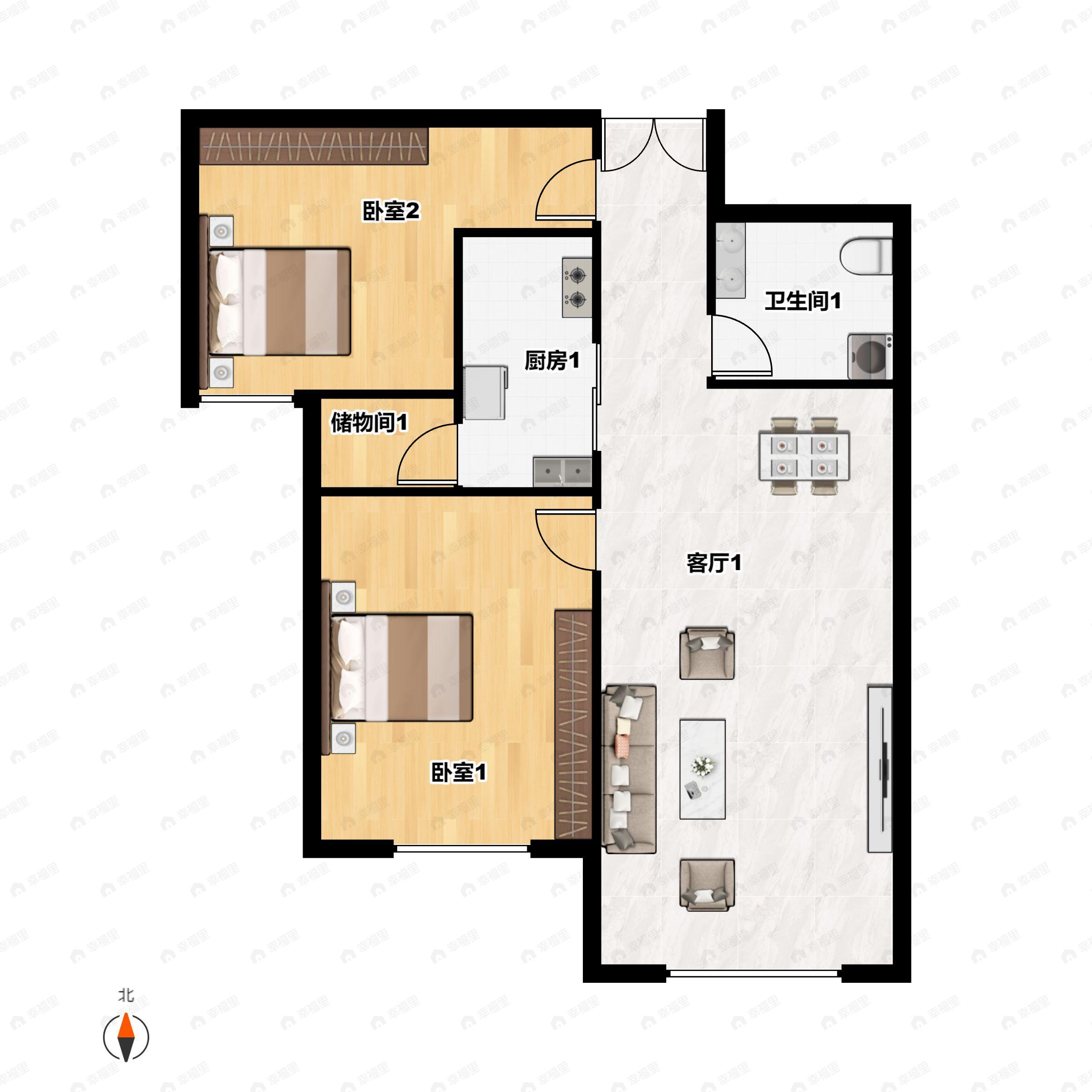 2室2厅1卫建面97m²南户型图