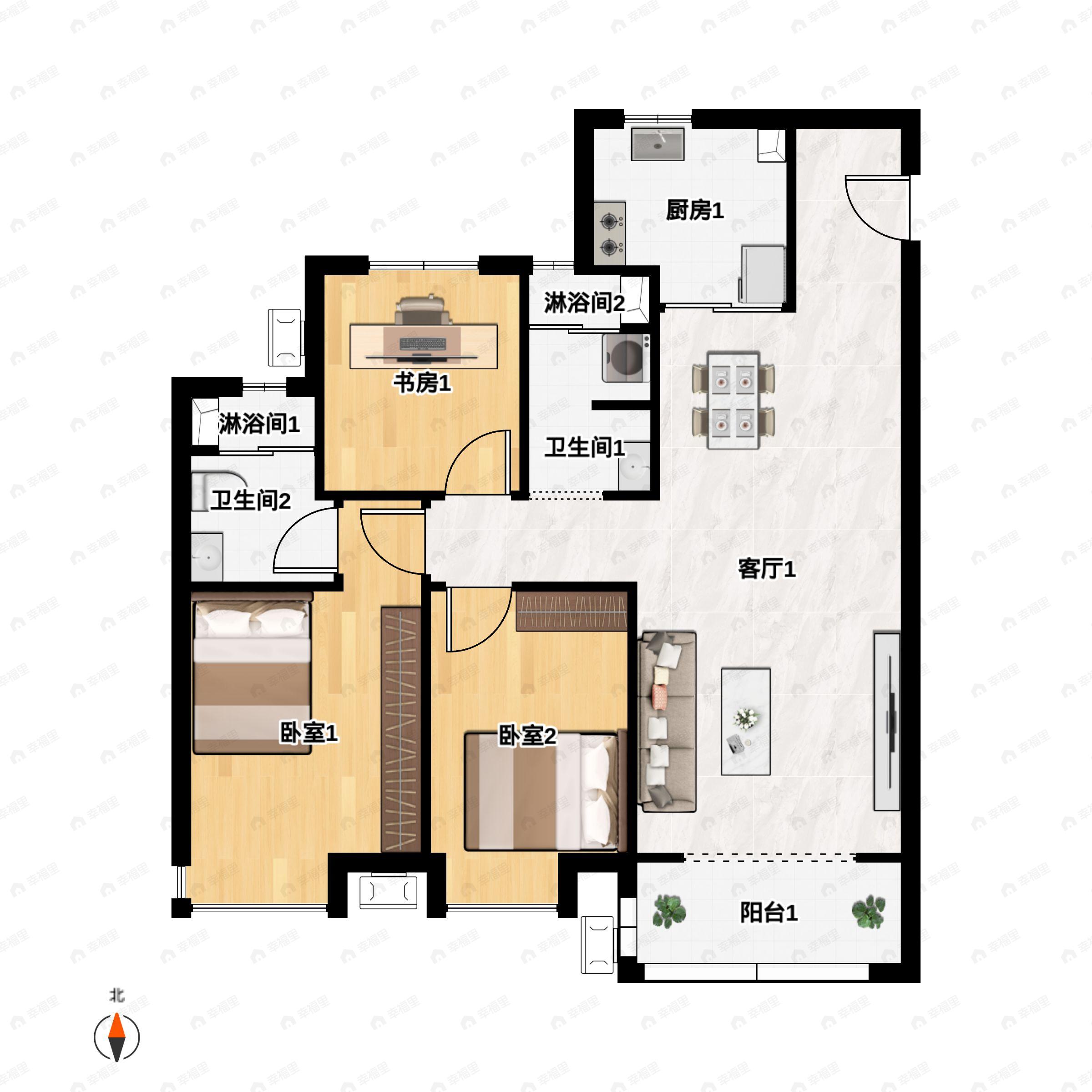 3室2厅2卫建面113平南户型图