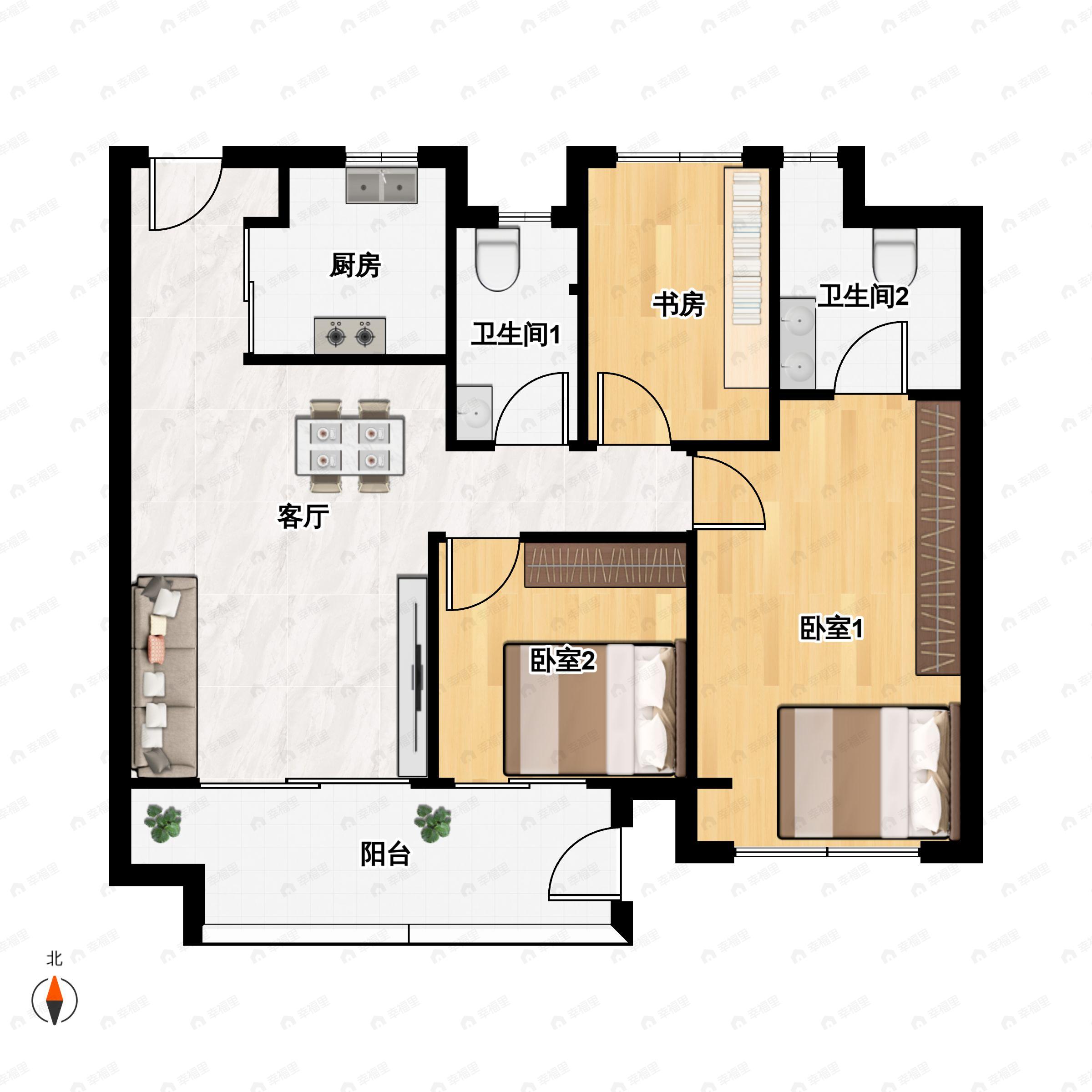 3室2厅2卫建面89平户型图