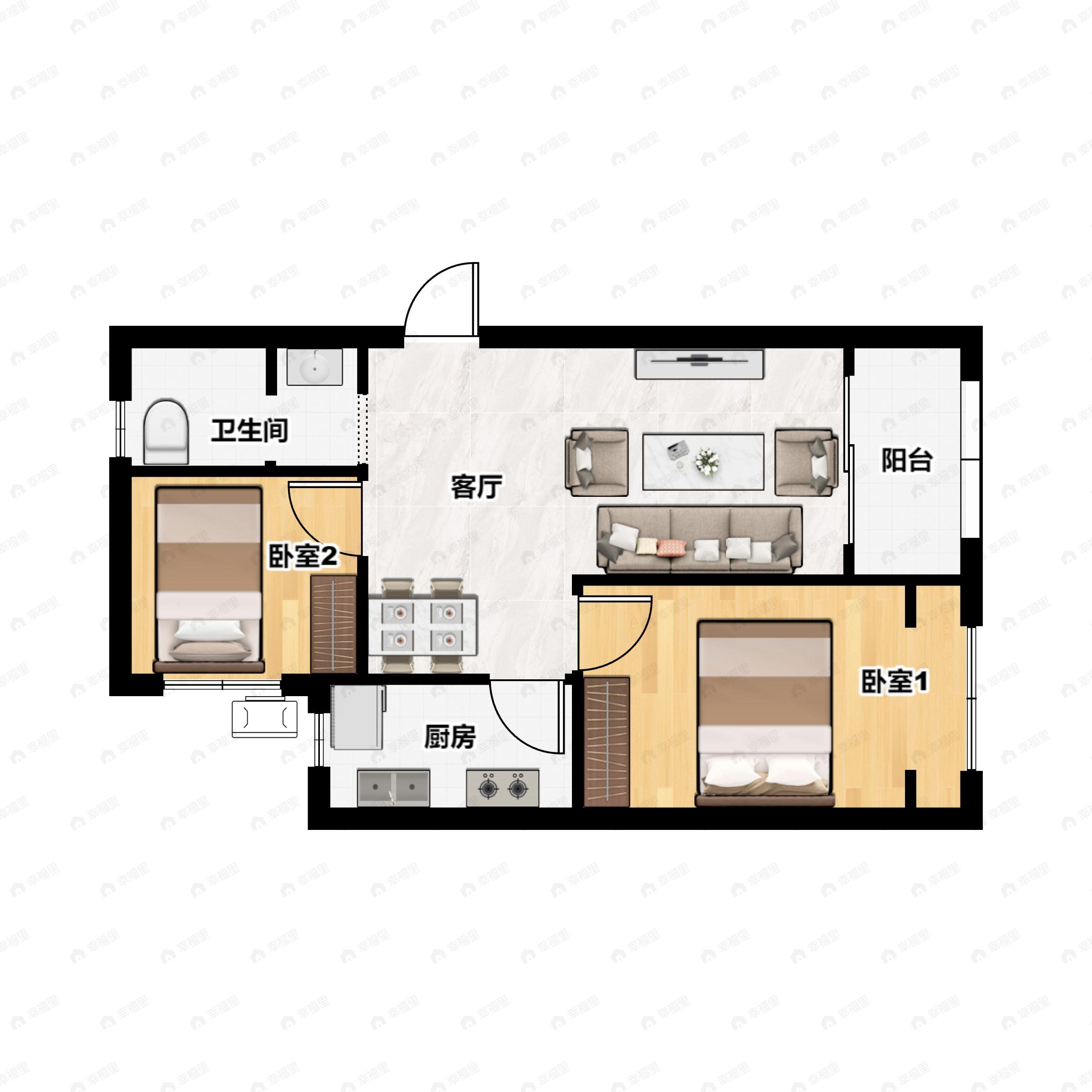 2室2厅1卫建面74平户型图