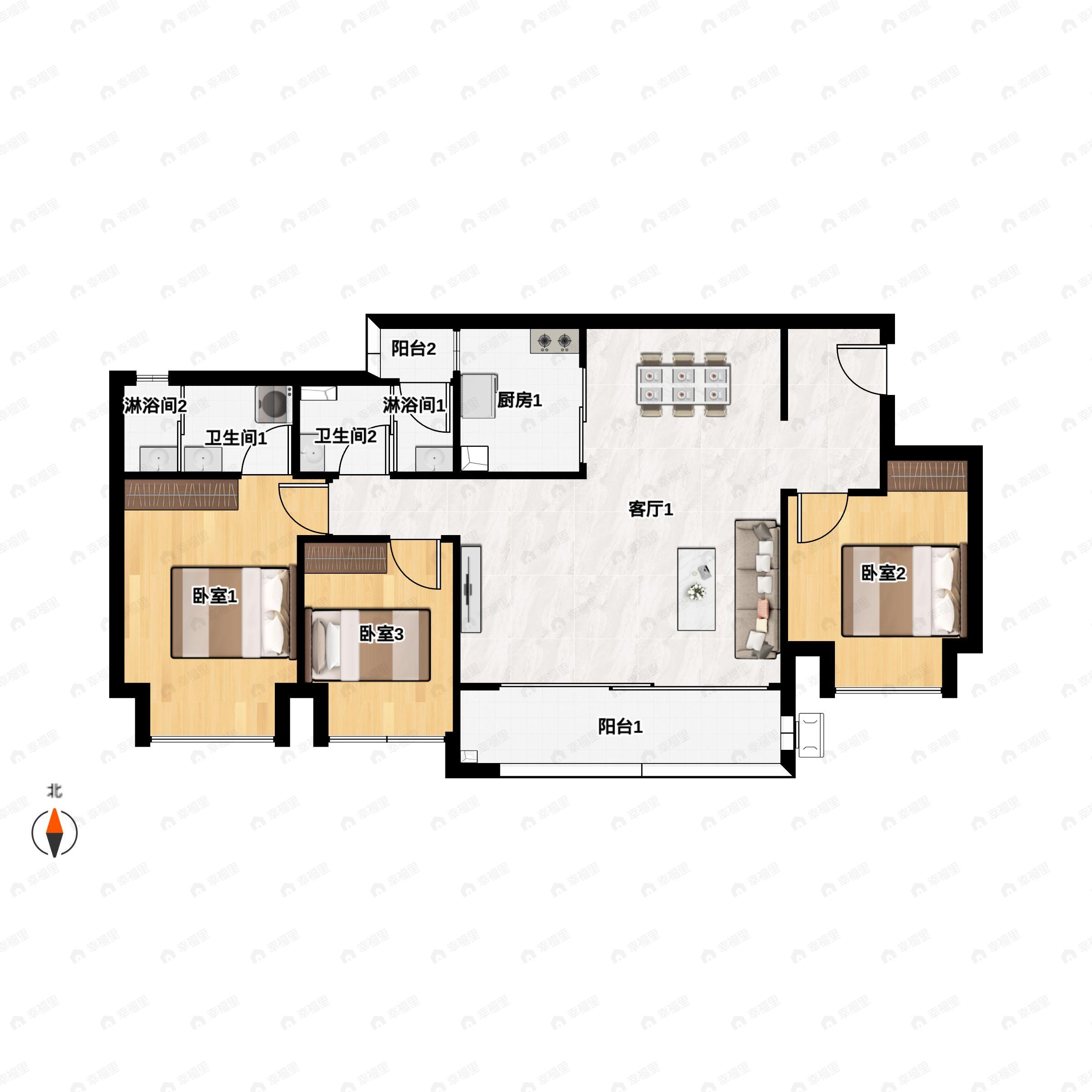 3室2厅2卫建面99m²西南户型图