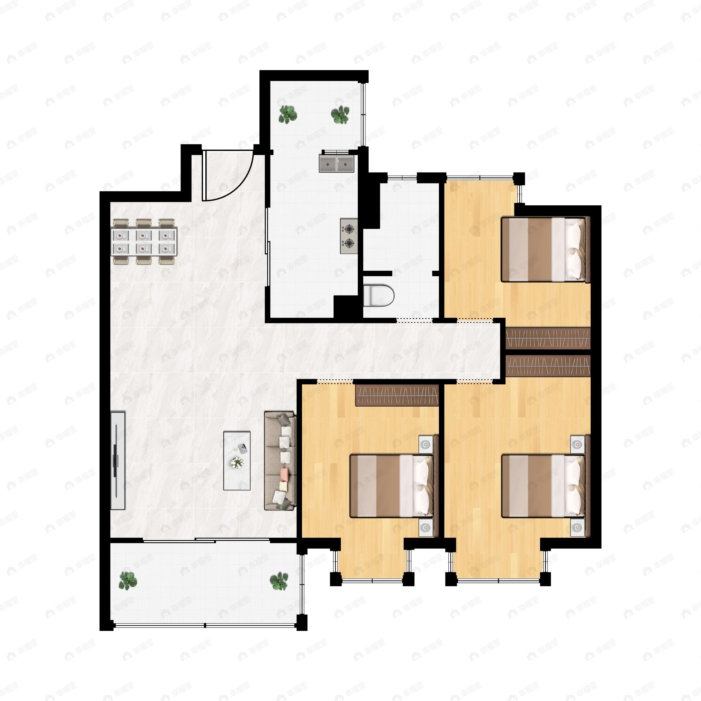 3室2厅1卫建面98m²南户型图