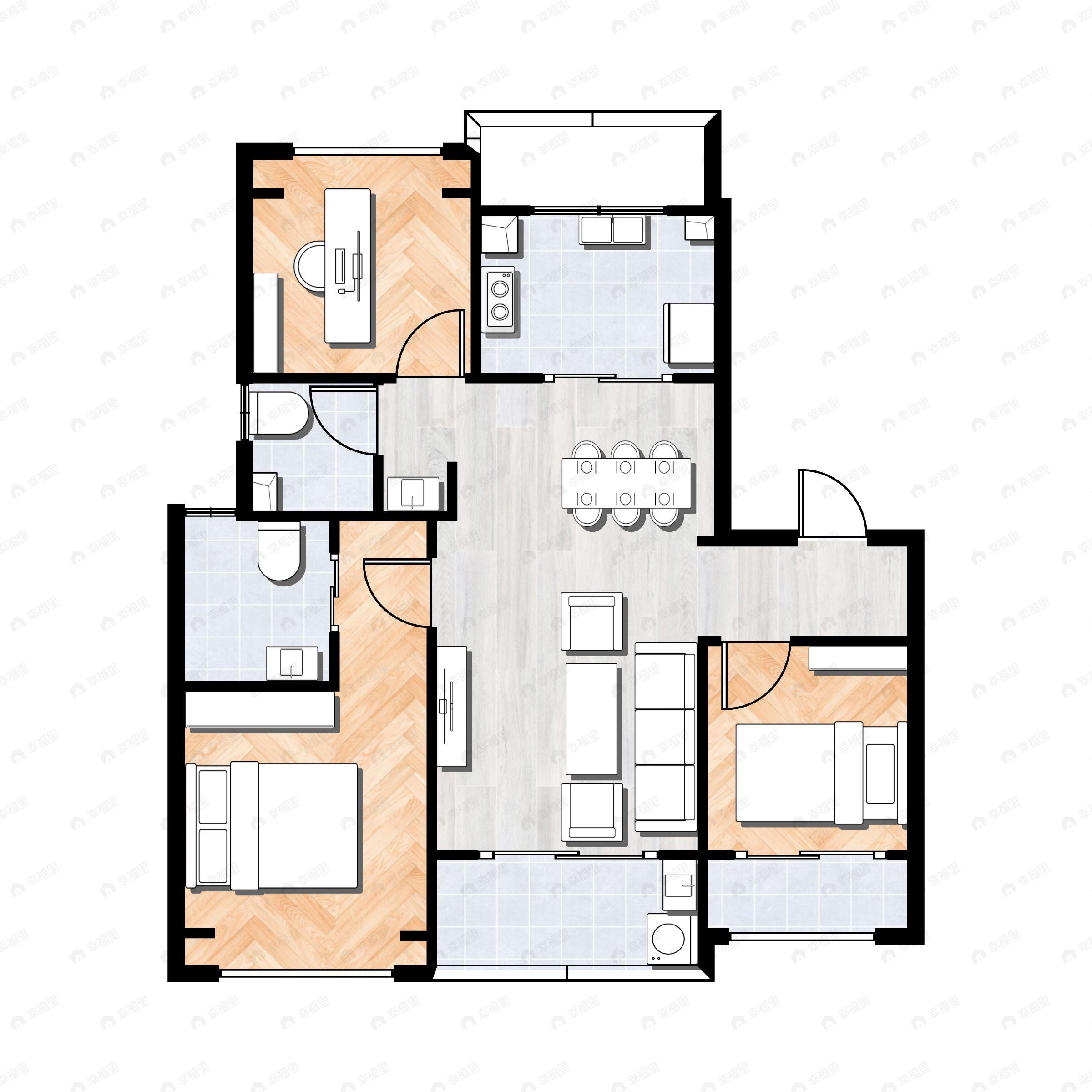 3室2厅2卫建面96m²南户型图