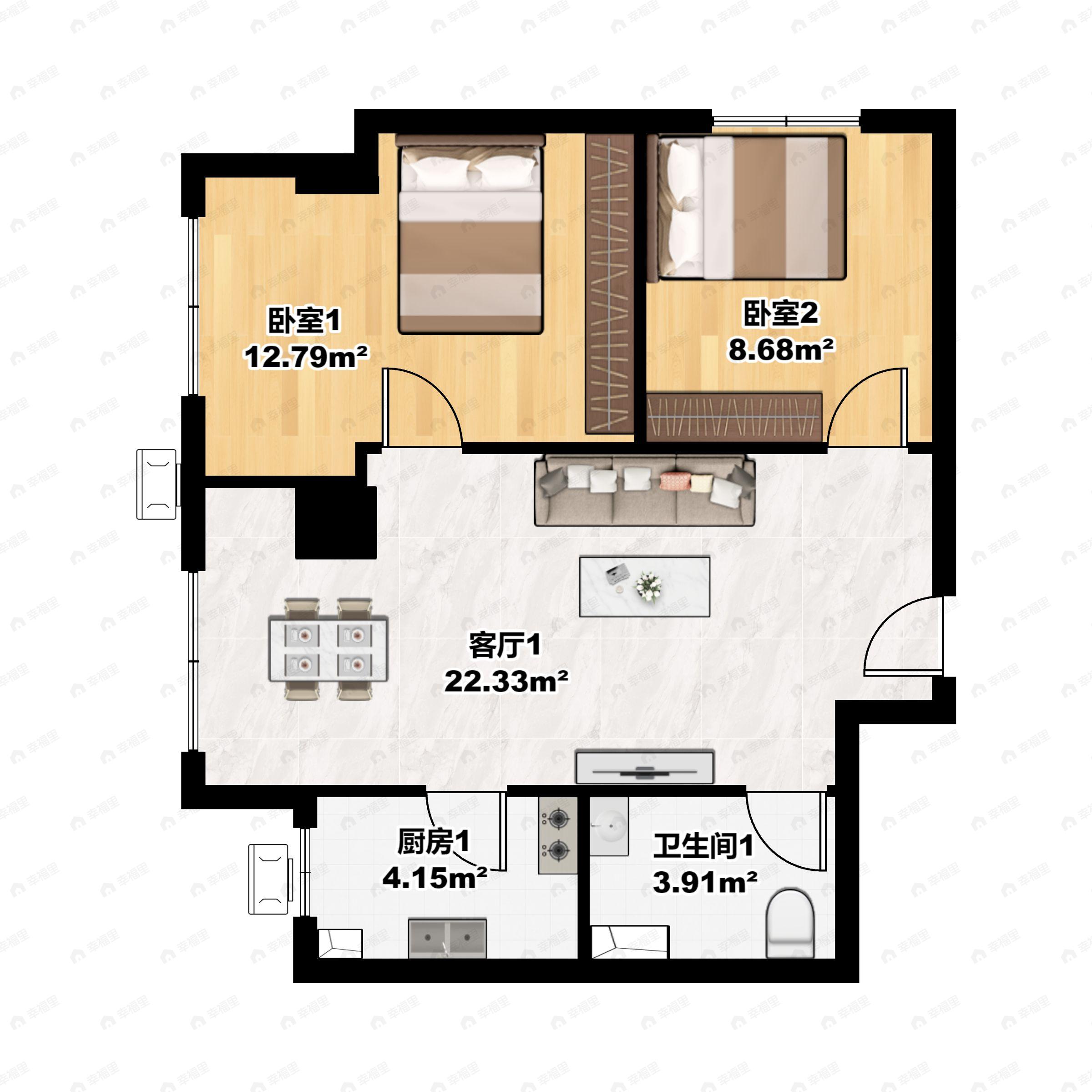 2室2厅1卫建面82平西北户型图