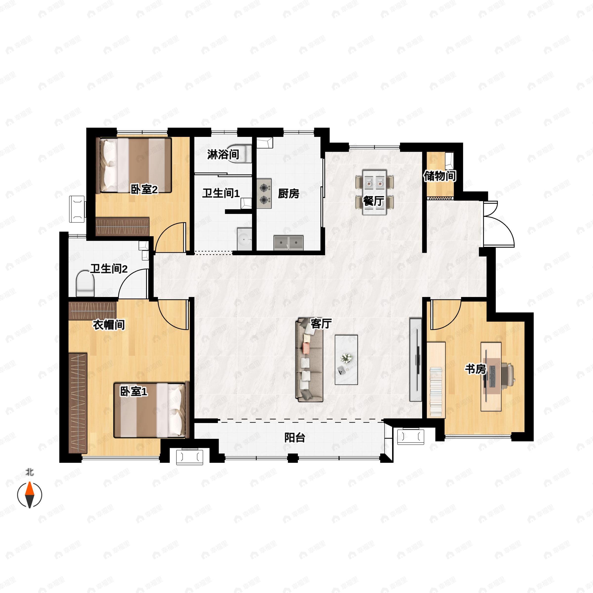 3室2厅2卫建面135平南|北户型图