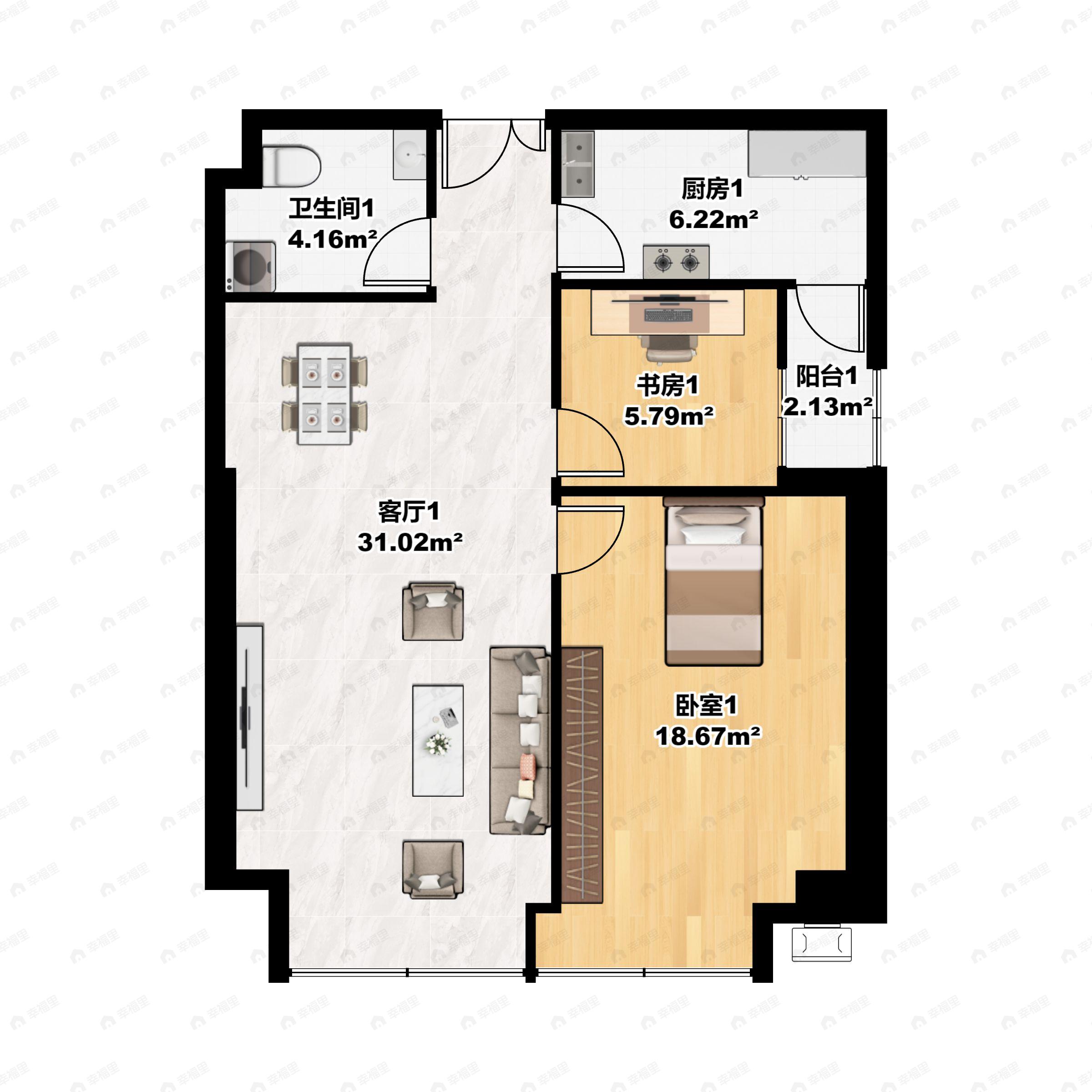 2室2厅1卫建面78m²西南户型图