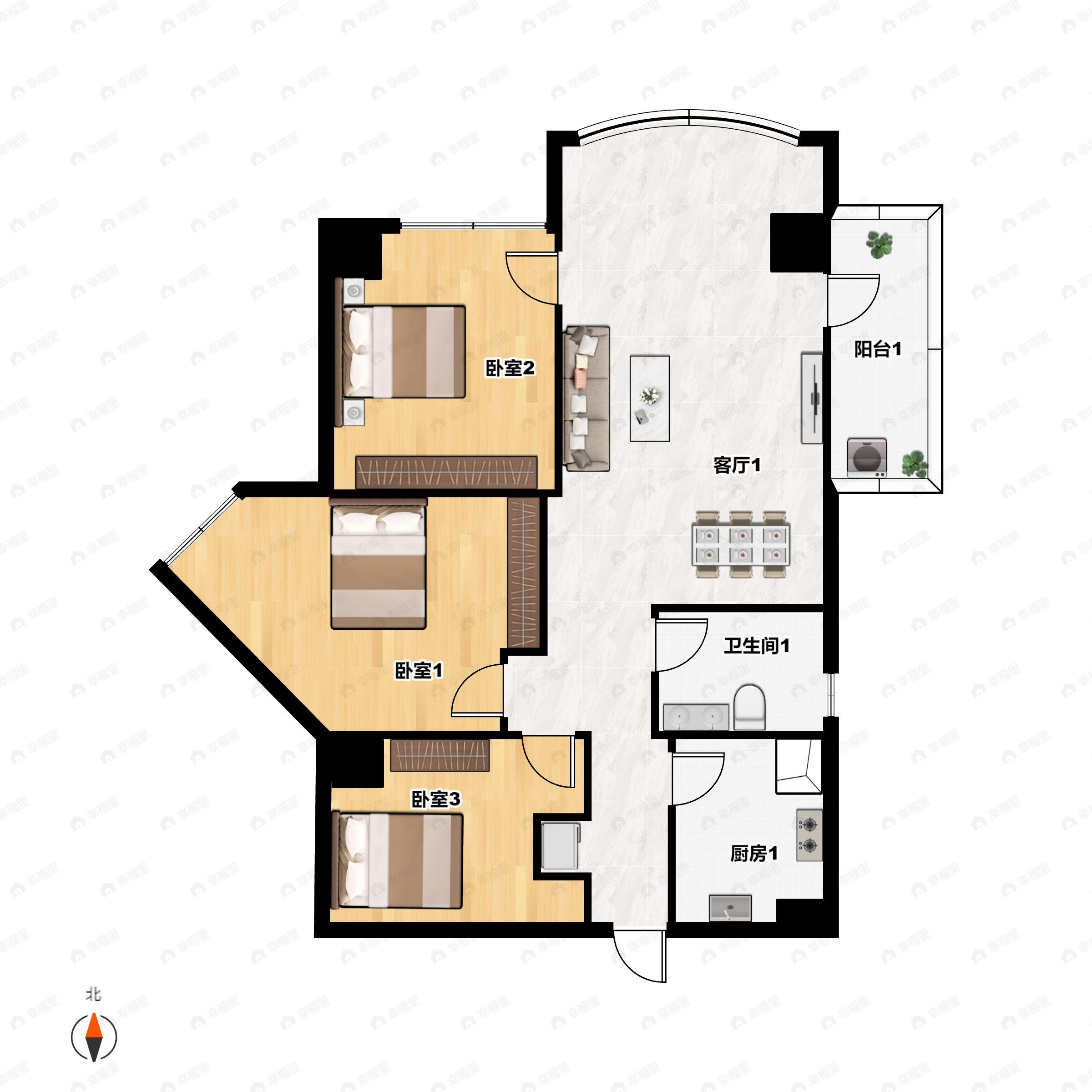 3室2厅1卫建面109m²南|北户型图