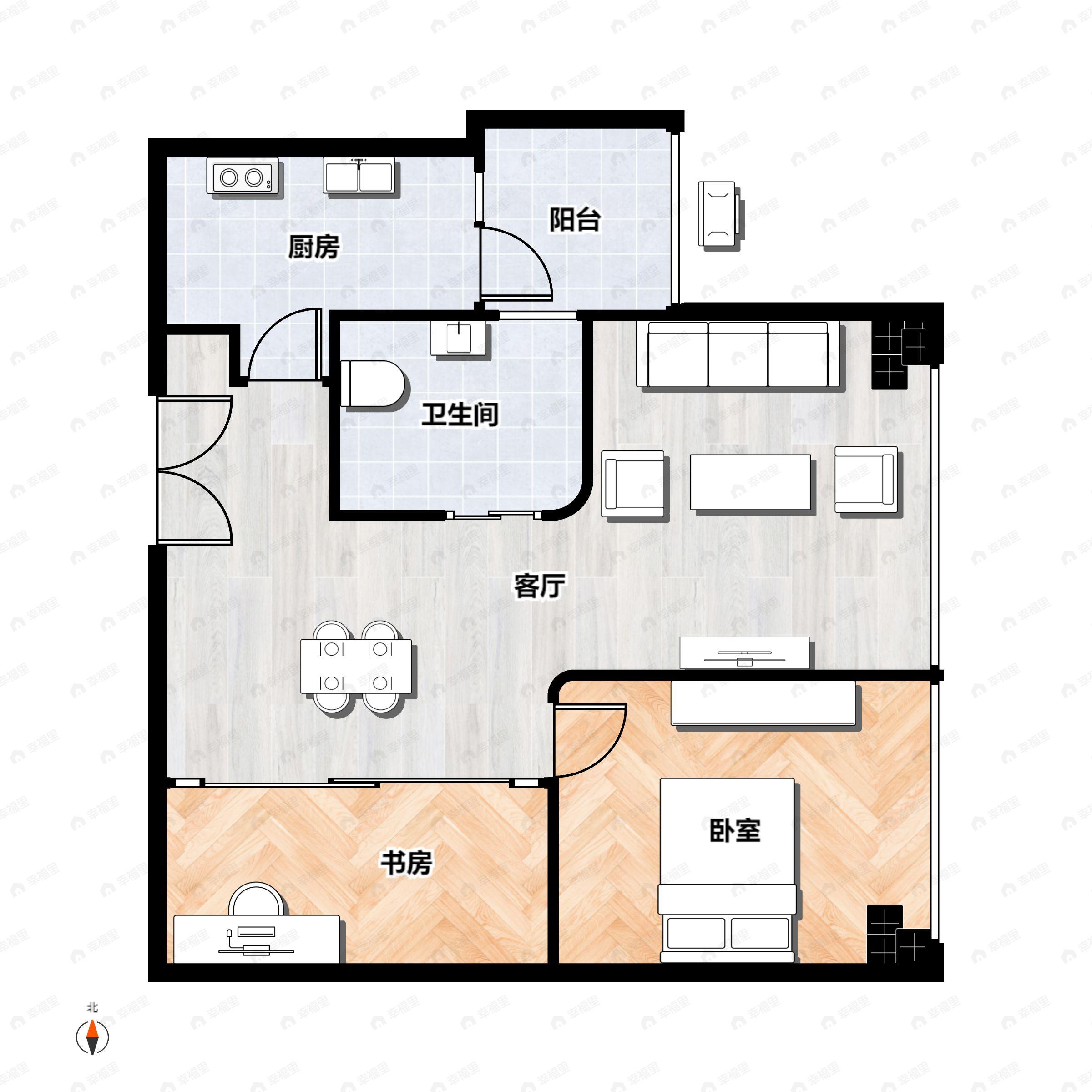 1室2厅1卫建面102m²东户型图