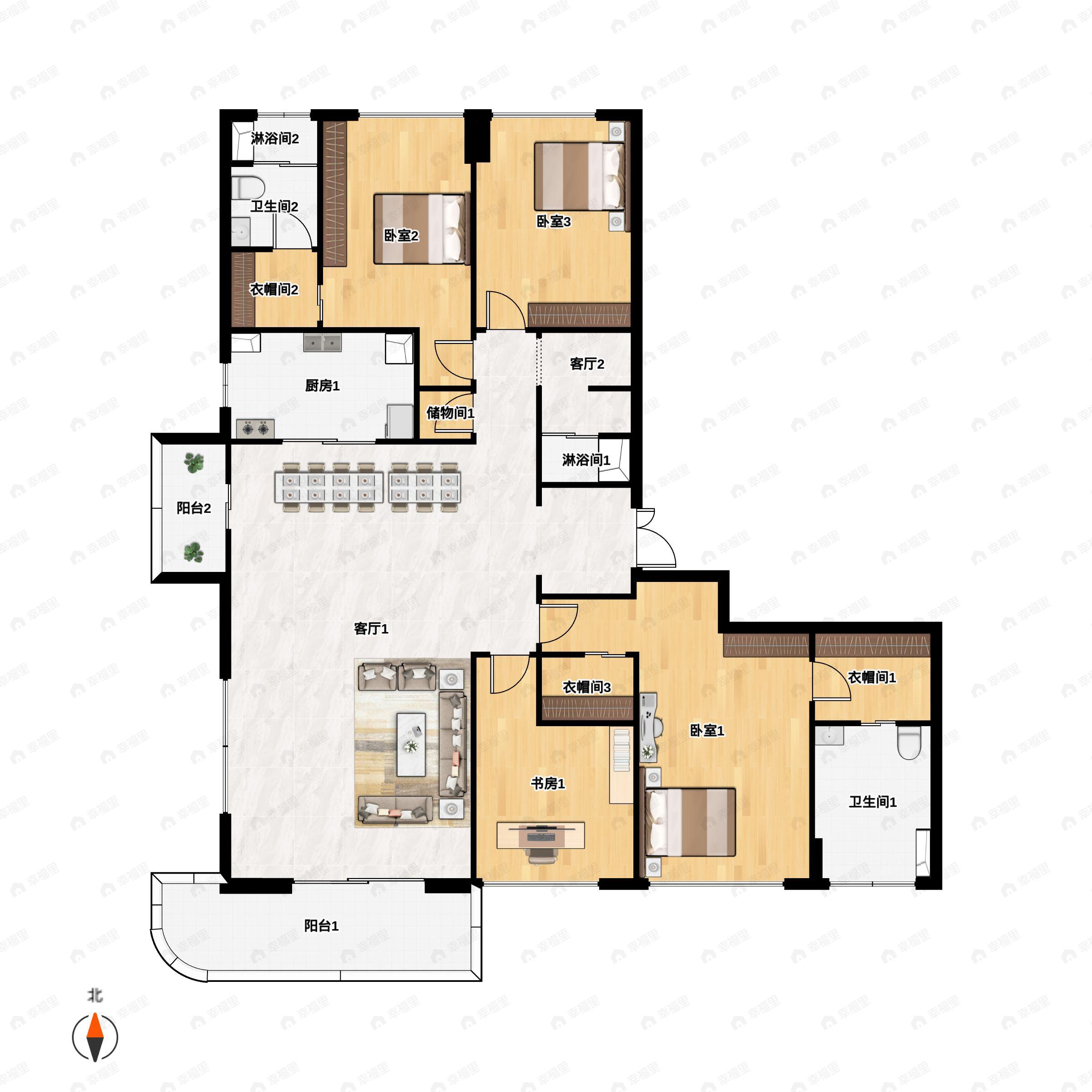 4室2厅3卫建面215平北|南户型图