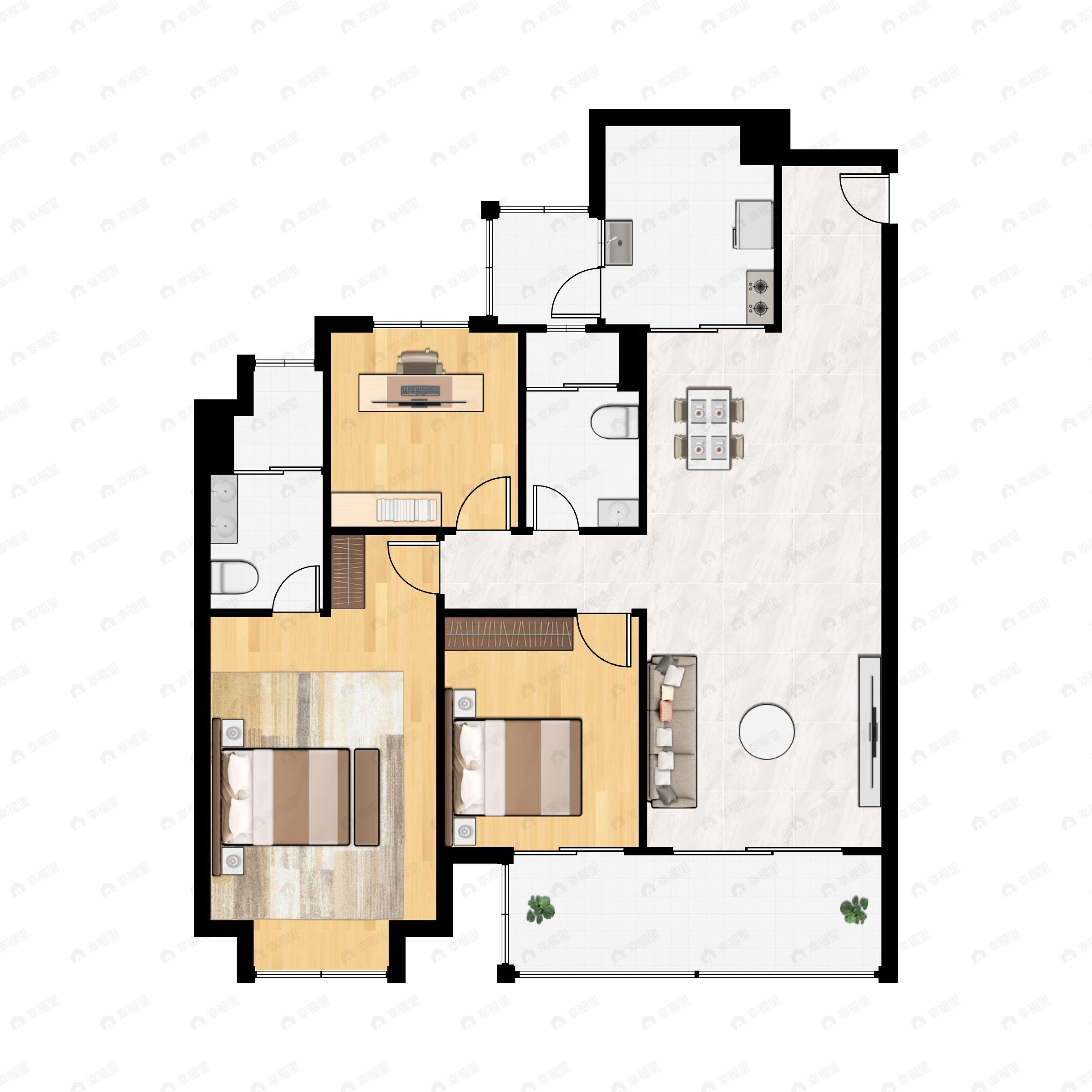 3室2厅2卫建面125m²南户型图