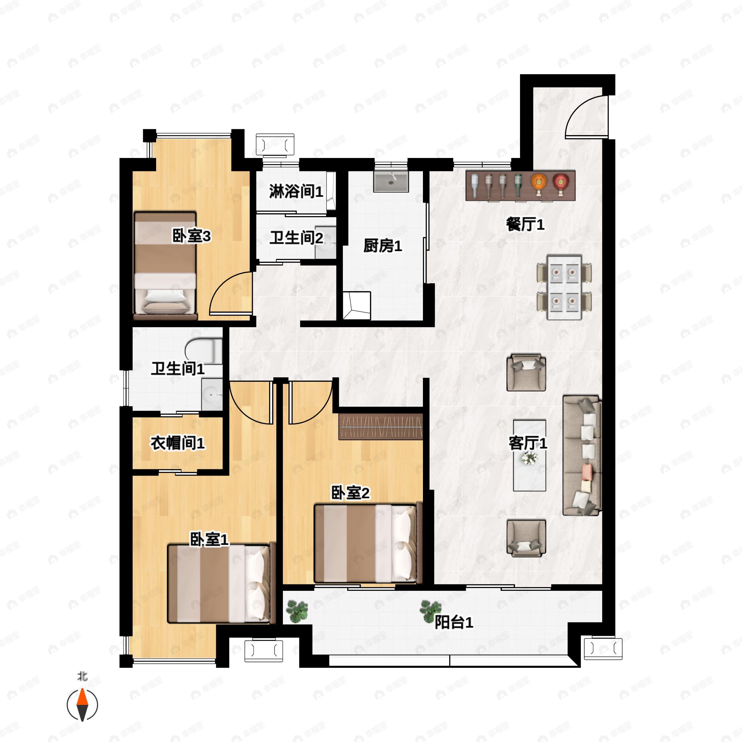 3室2厅2卫建面127平户型图