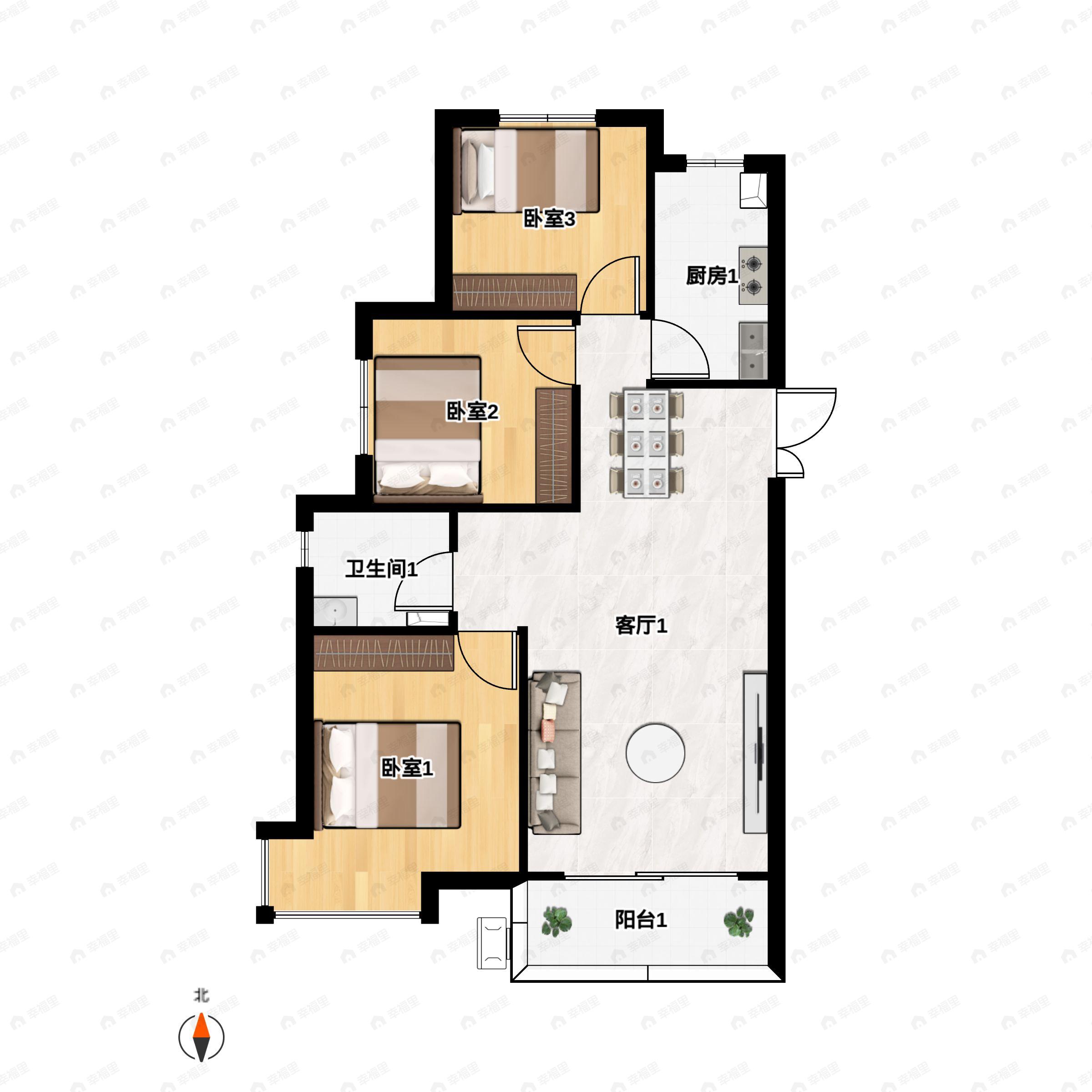 3室2厅1卫建面109平南|北户型图